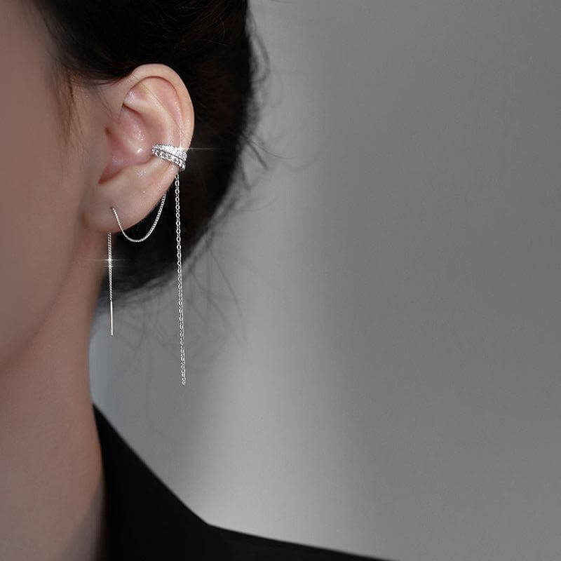 Silver Tassel Two Hole Link Chain Ear Cuff Earrings for Women | Boho Chic Jewelry for Parties, Weddings & Everyday Wear | R2772