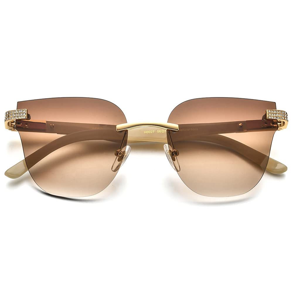 100% Real Buffalo Horn Handmade Women's Square Rimless Luxury Sunglasses with Diamonds - Fashion UV Protection Eyewear for Outdoor, Beach & Driving