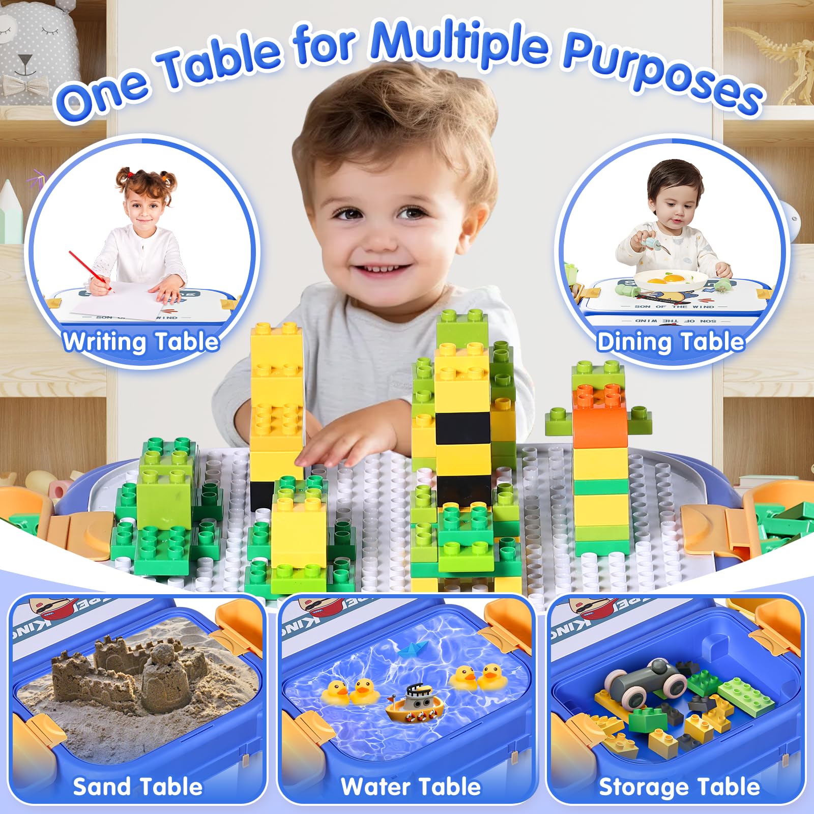 **Toddler Table and Chair Set with 90 Pcs Large Building Blocks - Water & Sand Sensory Play, Ride-On Activity Table with Storage - STEM Learning Toys for Kids Ages 3+ - Perfect for Playrooms, Daycares & Preschool Classrooms**
