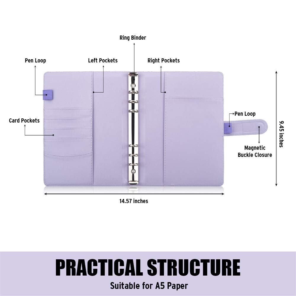 Sooez A5 6-Ring Binder Refillable Notebook Planner Cover - Purple Leather Organizer with Magnetic Buckle for Budgeting, Journaling, Photocard Storage, Recipe Book & Loose Leaf Papers | Perfect for Office, School, Travel & Home Organization