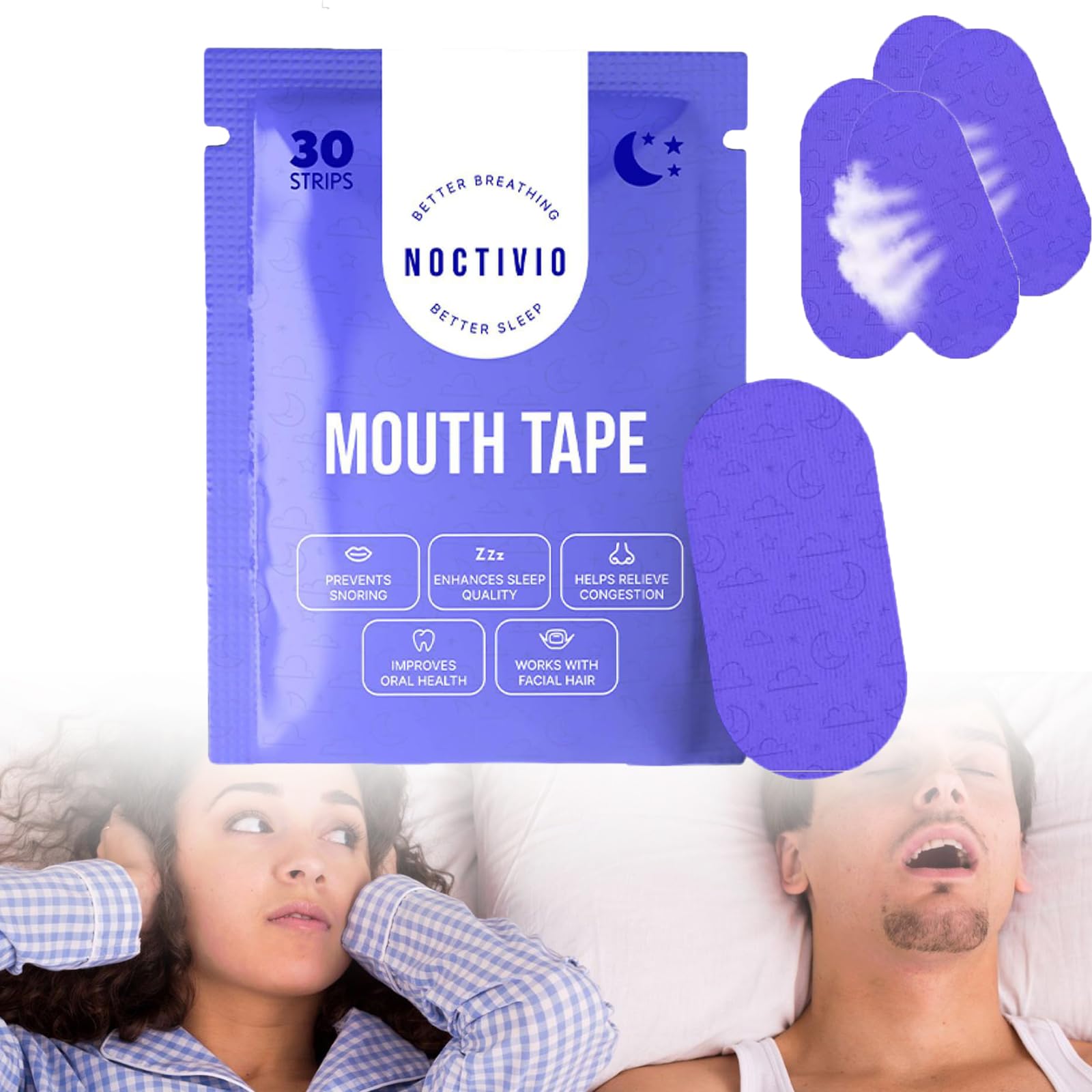 Noctivo Anti Snoring Mouth Tape for Sleep Apnea - Lavender Scented Breathing Strips for Better Sleep - Stop Snoring & Mouth Breathing While Sleeping - Ideal for Nighttime Use & CPAP Alternative
