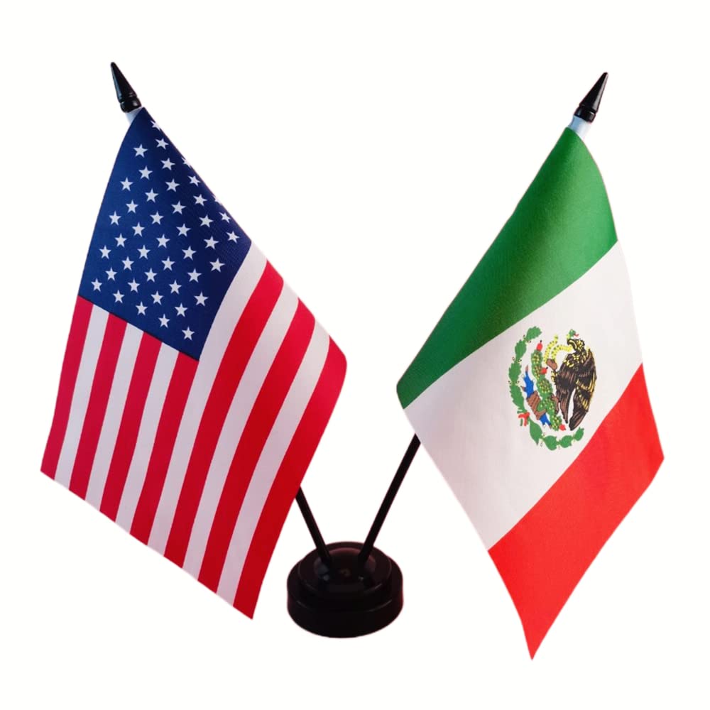US Mexico Friendship Table Flag Set - Mini American & Mexican Desk Flags for Office, Room Decor, Party & Events | Patriotic Display for Home, School & Gifts