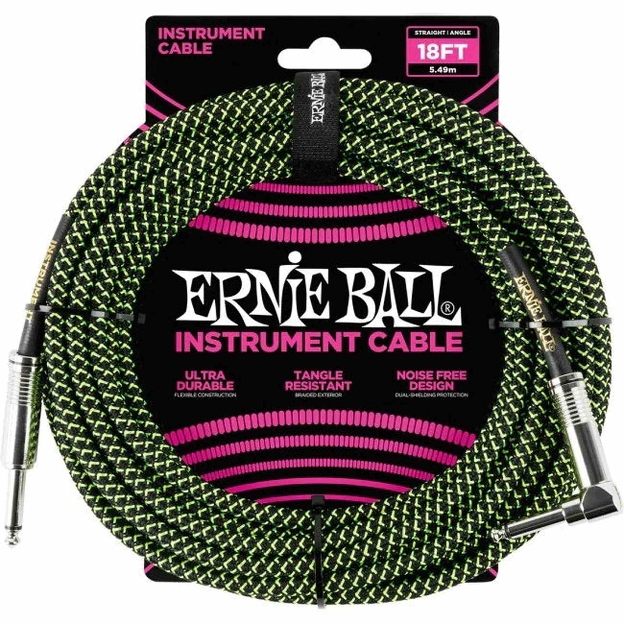 Ernie Ball Braided Right Angle Instrument Cable 5.5m (18ft) Black/Green - Professional Guitar/Bass Cable for Stage & Studio Performance