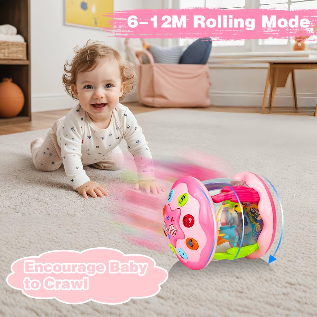 **Best Baby Girl Toys 6-12 Months: Ocean-Themed Rotating Light-Up Musical Toy for Crawling & Learning – Ideal for Toddlers 1-3 Years Old – Perfect Easter Gift (Pink) – Great for Playtime & Early Development**