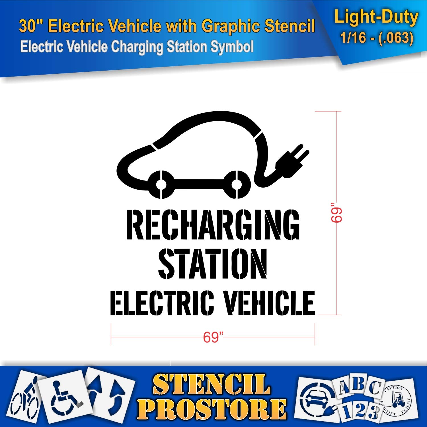 Electric Car Parking Stencil - 30 Inch EV Outline with Recharging Station Design - 69'' x 69'' x 1/16