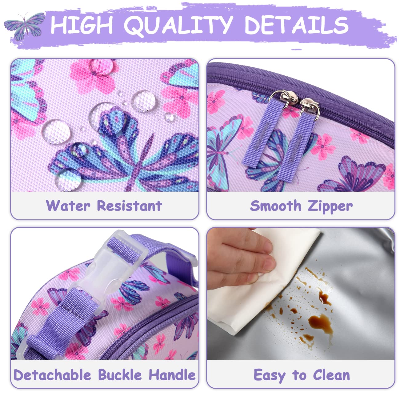RAVUO Insulated Lunch Bag for Girls - Cute Butterfly Design with Adjustable Strap & Bottle Holder, Thermal Cooler Lunch Box for School, Work, Picnic, and Outdoor Activities