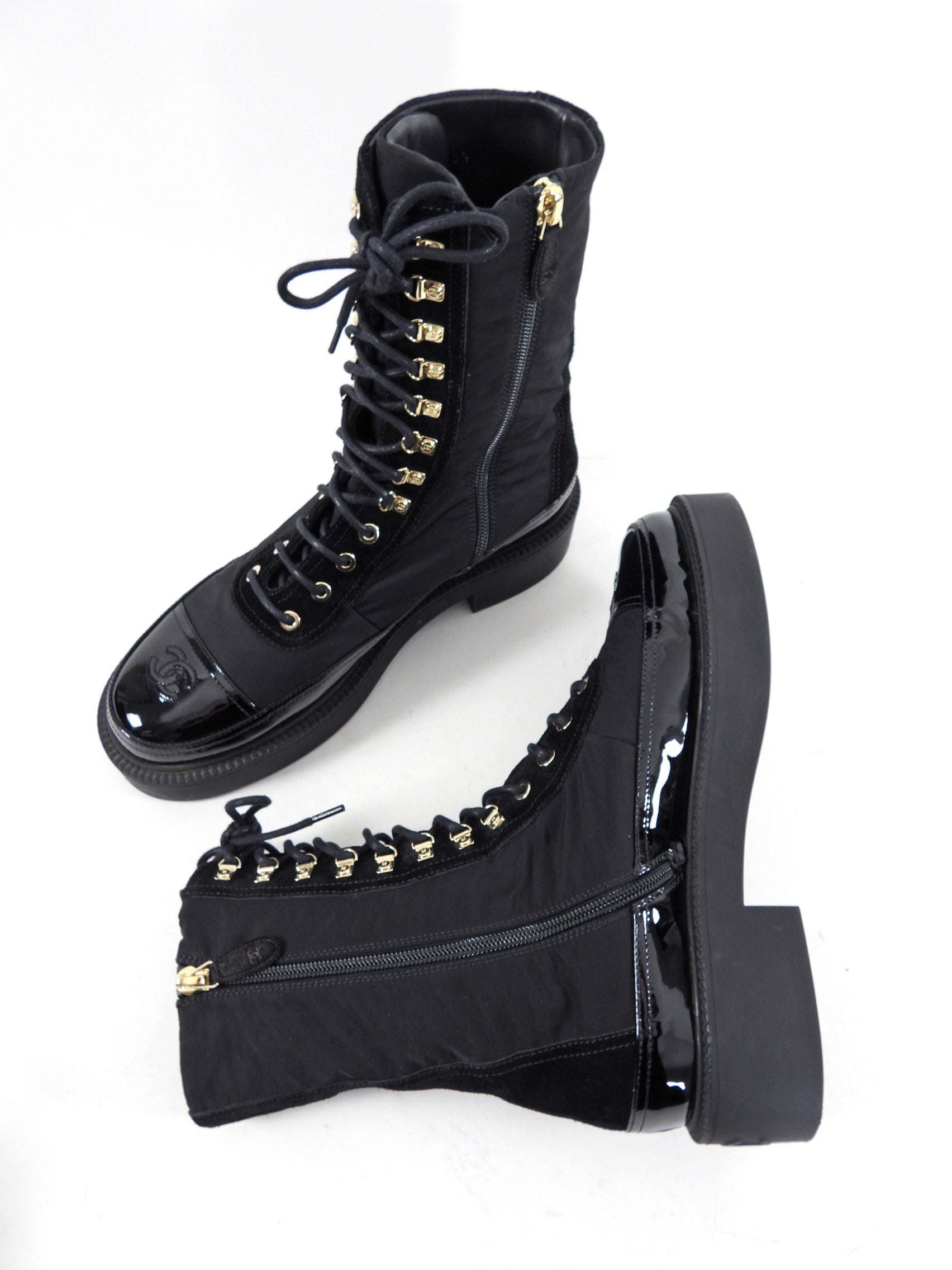Chanel 2021 Combo Nylon Patent Leather Ankle Boots Women's Size 40.5 / US 9.5 - Fashionable Winter Boots for Casual Outfits & Street Style
