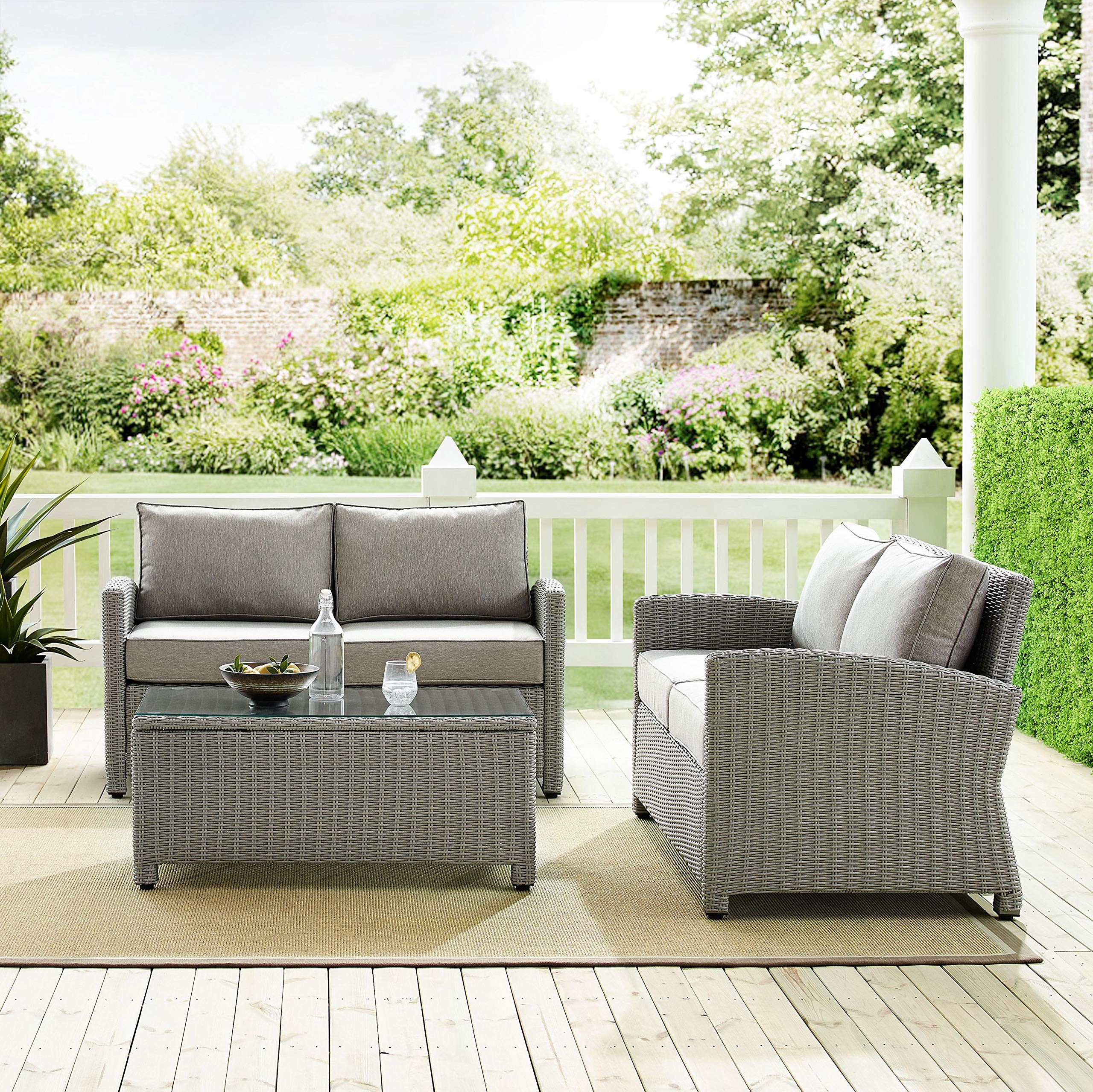 Crosley Bradenton 3-Piece Outdoor Wicker Loveseat Set with Gray Cushions - Patio Furniture Conversation Set for Porch, Garden & Backyard Relaxation