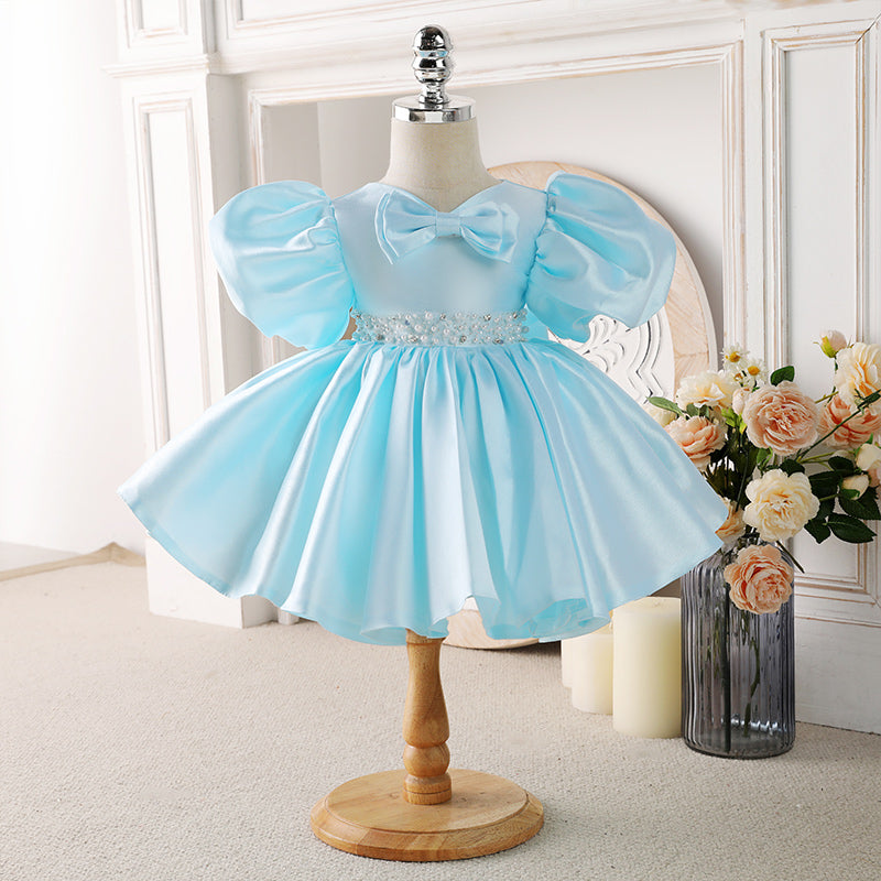 Royal Blue Satin Puff Sleeve Flower Girl Dress for Weddings - Elegant Princess Pageant Party Gown for Toddler Girls (Ages 3-6) | Perfect for Flower Girls, Baptisms, First Communion & Special Occasions