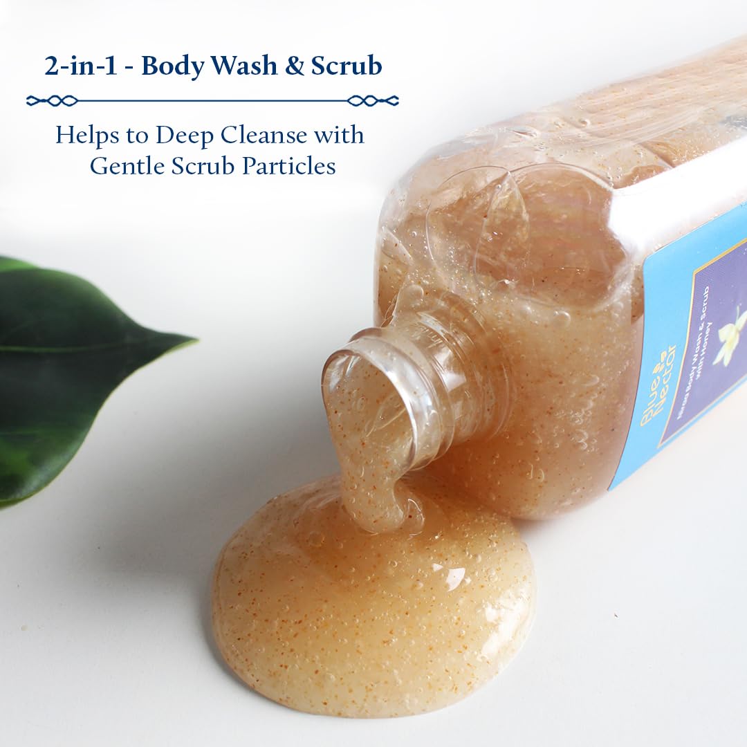 Blue Nectar Exfoliating Body Wash & Scrub for Rough & Bumpy Skin - Madagascar Vanilla Tan Removal Body Scrub with 10 Herbs for Women & Men (250ml) | Perfect for Dry Skin Care & Post-Sun Exfoliation