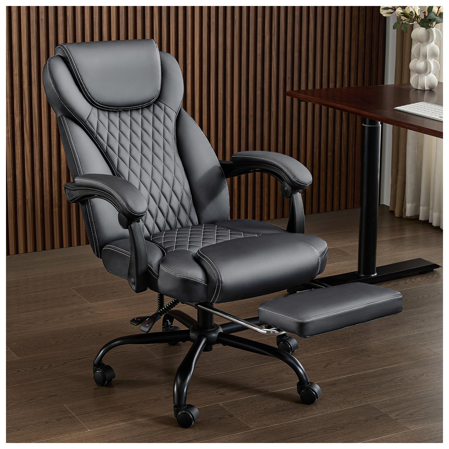 Big and Tall Ergonomic Office Chair with Footrest - High Back Reclining Leather Desk Chair with Lumbar Support for Home Office (Gray) | Comfortable Seating for Long Work Hours & Remote Work