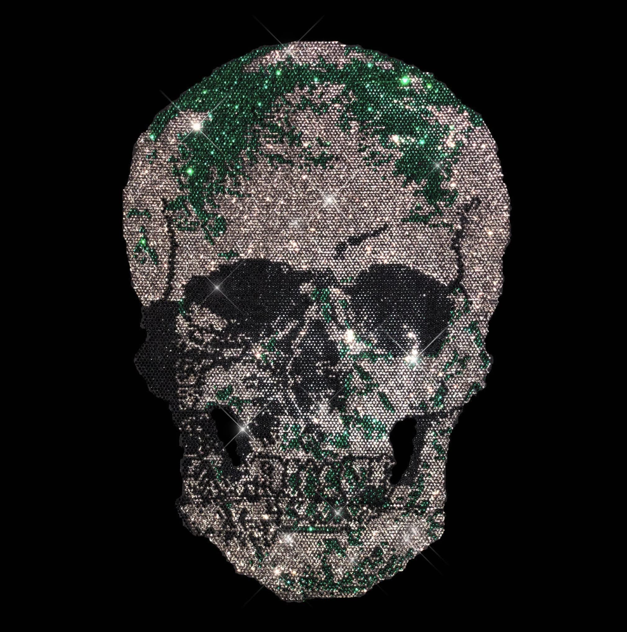 Helmetra Green Skull Rhinestone Heat Transfer Design - Iron On Skeleton Decals with Hot Fix Rhinestones for DIY T-Shirts, Jackets & Bags