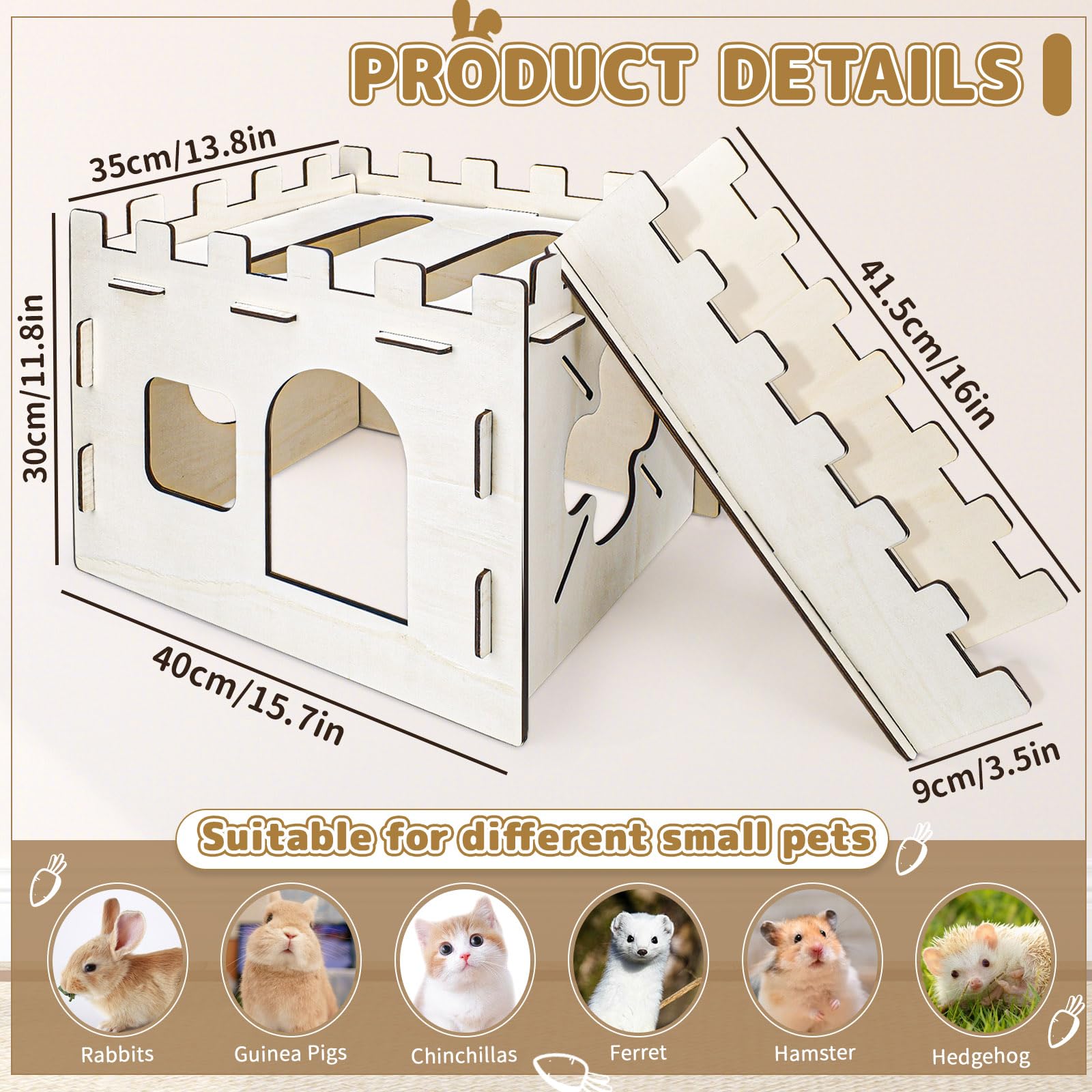 Wooden Rabbit Hideout Castle with Stairs - Indoor Rabbit House for Small Pets Like Guinea Pigs & Chinchillas - Perfect for Playtime, Resting & Cage Enrichment
