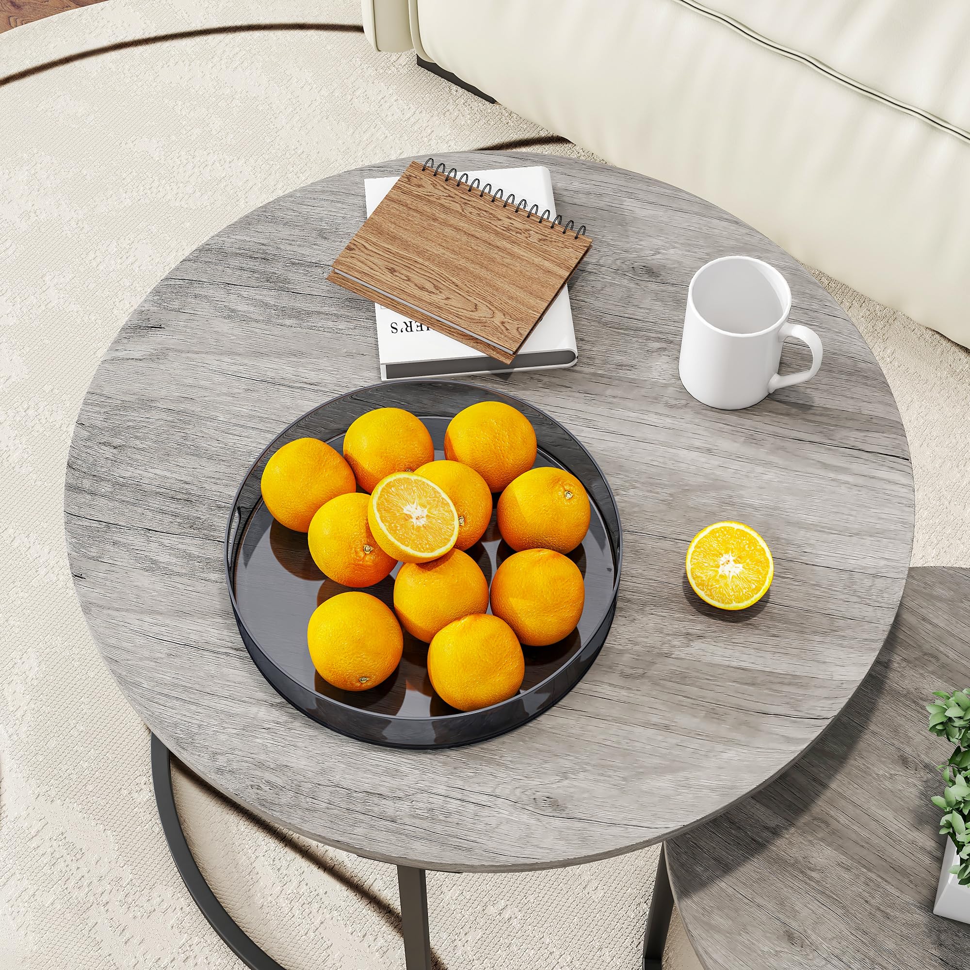 Round Nesting Coffee Table Set of 2 - Modern Wooden Accent End Tables with Metal Frame for Living Room, Stackable Side Tables in Black & Warm Grey - Perfect for Small Spaces, Apartments & Cozy Home Decor