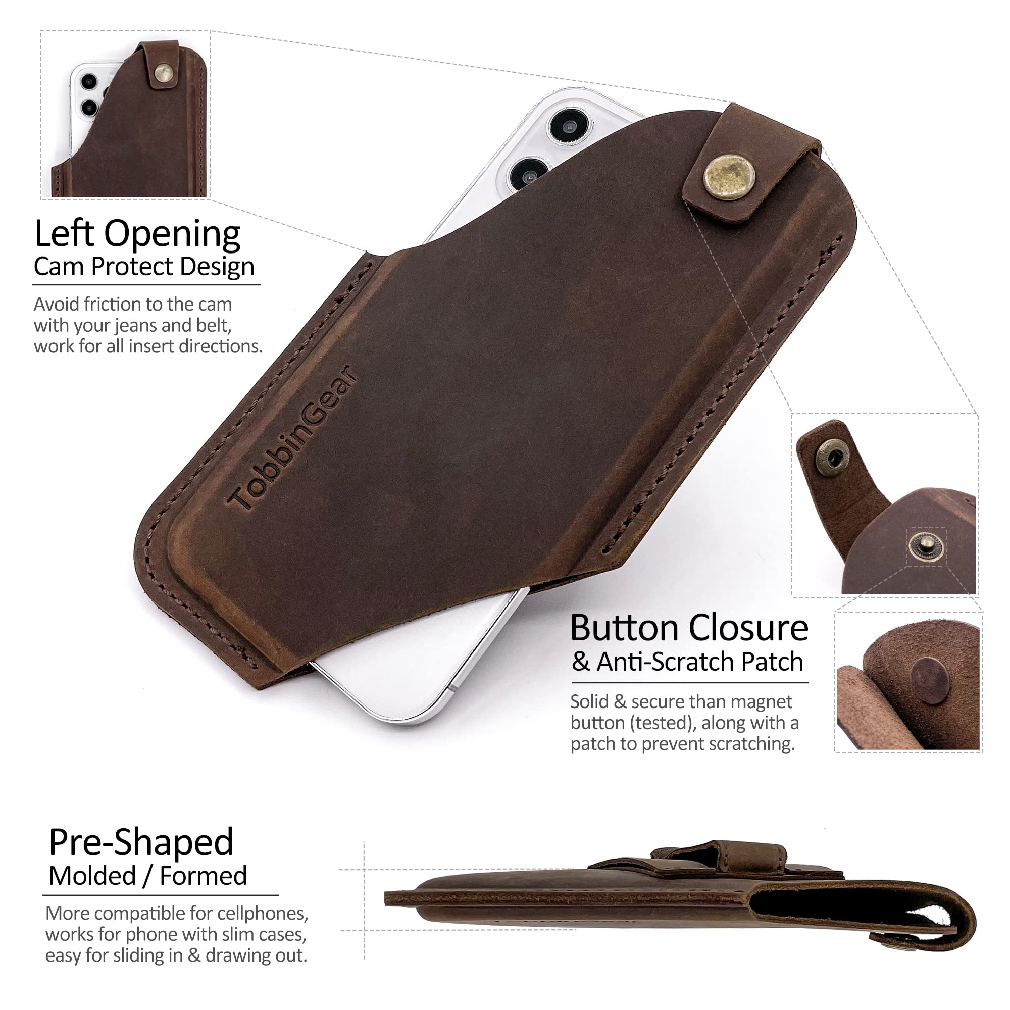 TobbinGear Leather Cell Phone Holster with Belt Clip - Universal Leather Phone Pouch for iPhone & Android - Dark Brown Medium Size - Perfect for Work, Hiking & Outdoor Activities