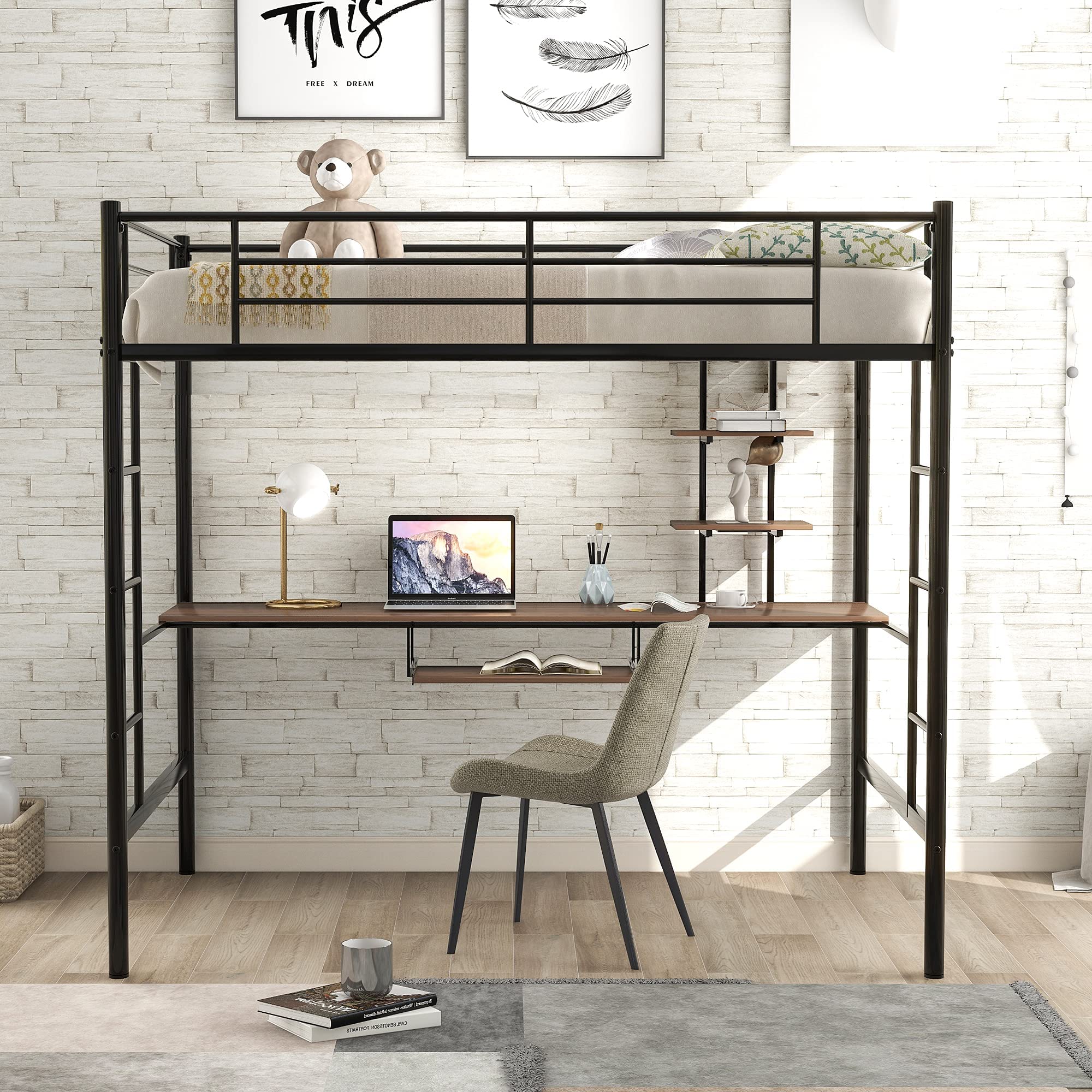 RUNNA Full Size Loft Bed for Kids & Teens - Sturdy Metal Bunk Bed with Built-in Study Desk, Shelves & Keyboard Tray - Space Saving Furniture for Small Rooms - Perfect for Dorm, Bedroom or Apartment