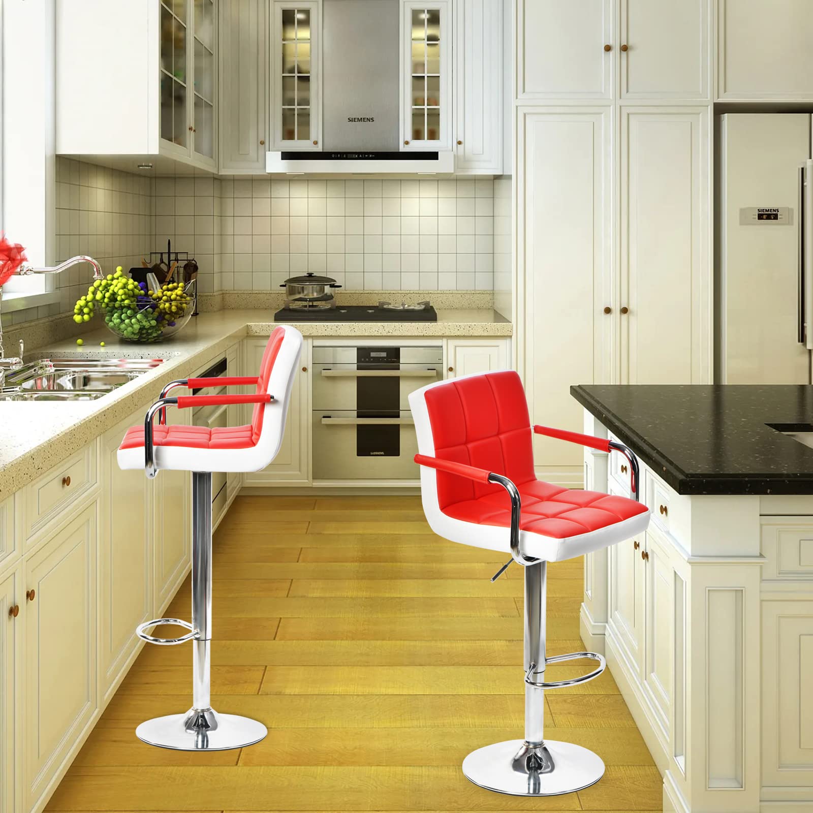 Swivel Bar Stools with Backrest & Armrests - Adjustable Height Red Bar Chairs for Home Bars, Kitchen Islands & Pub Counter Seating