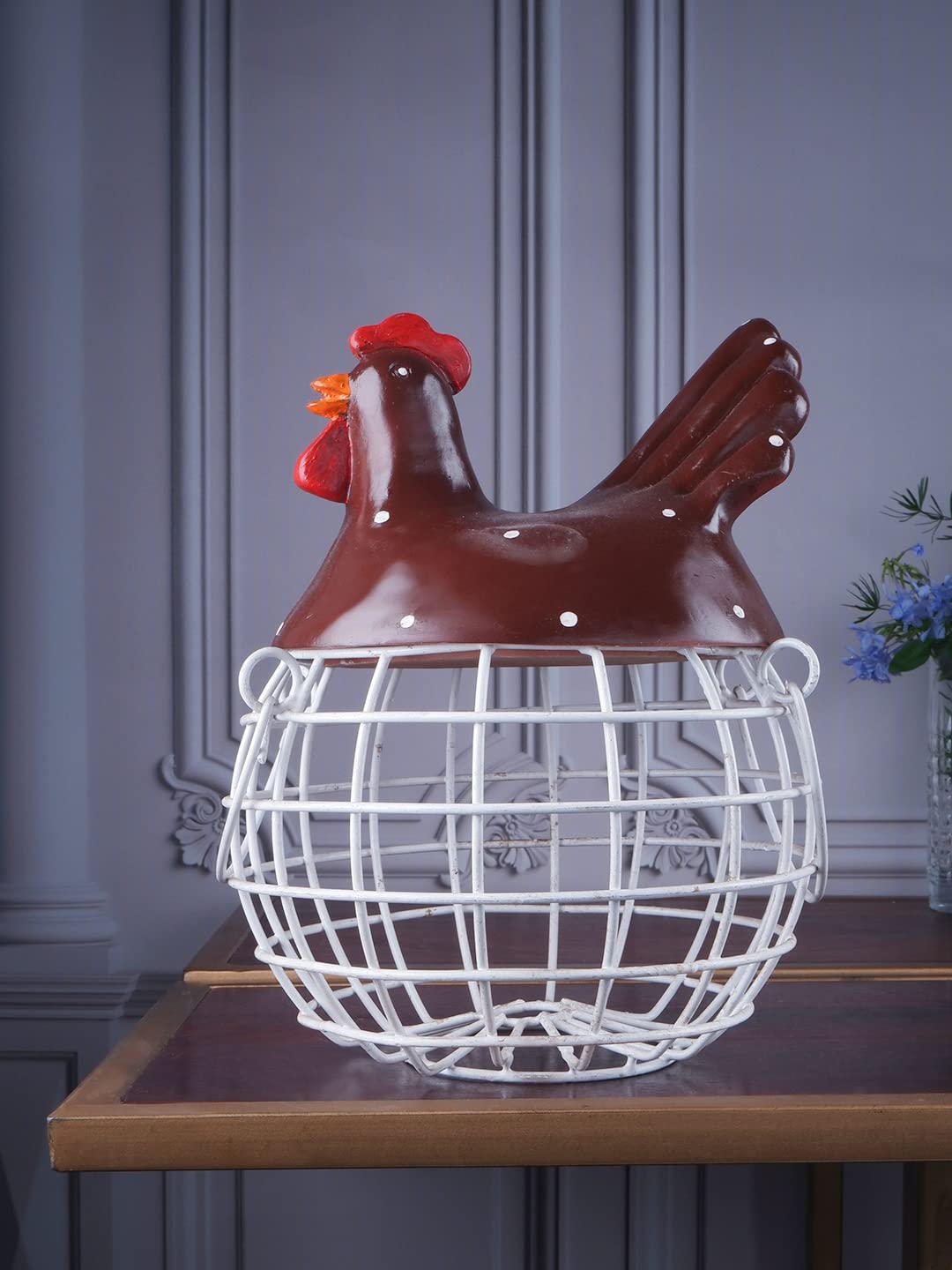 Red Resin Egg Basket with Intricate Woven Design - Elegant White Ink Decor Showpiece for Easter, Home Decor & Table Centerpiece