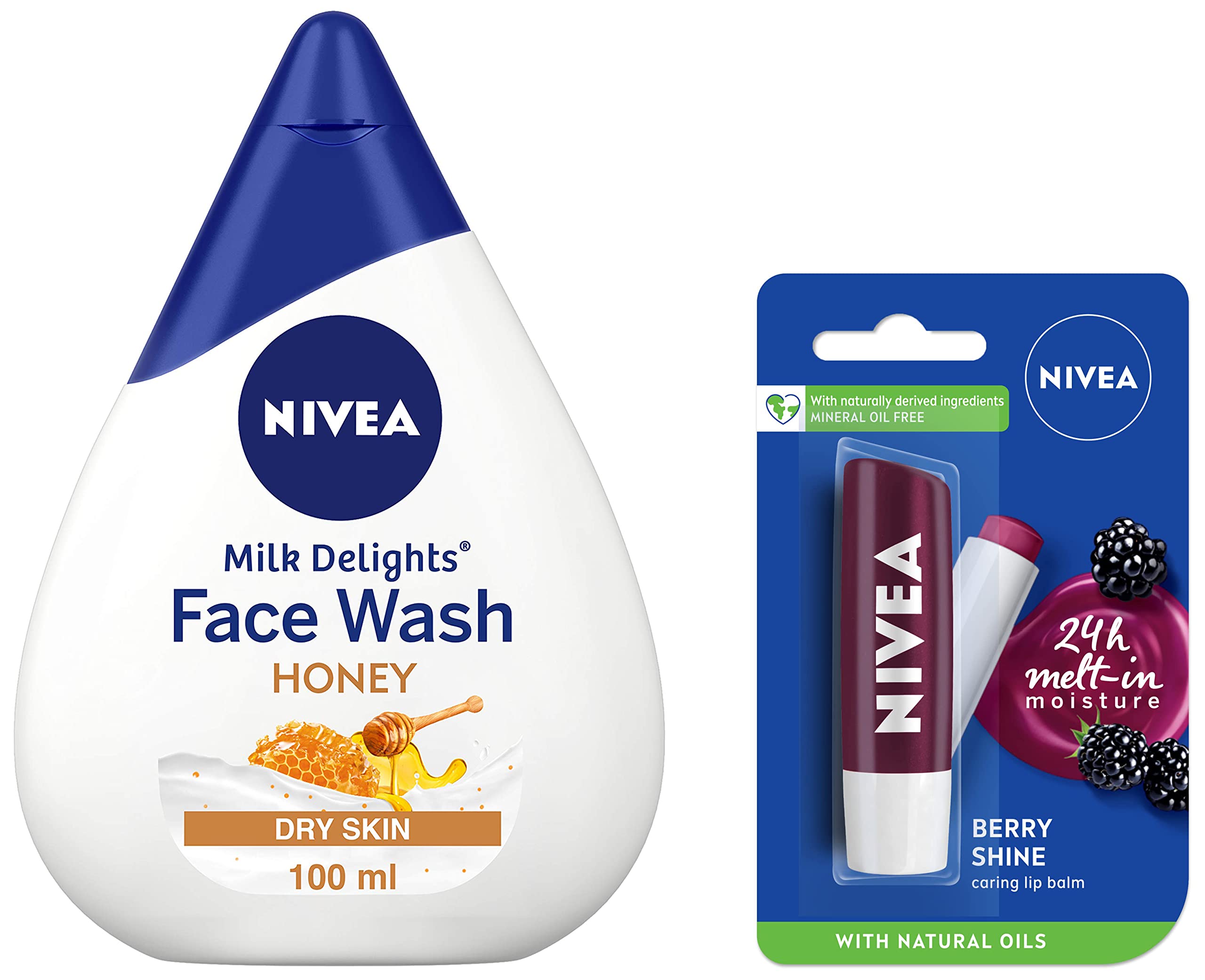 Nivea Fruity Berry Shine Lip Balm 4.8g - Hydrating Purple Tint Lip Care | NIVEA Milk Delights Honey Face Wash 100ml for Dry Skin - Gentle Cleansing & Moisturizing | Perfect for Daily Skincare Routine & On-The-Go Lip Protection