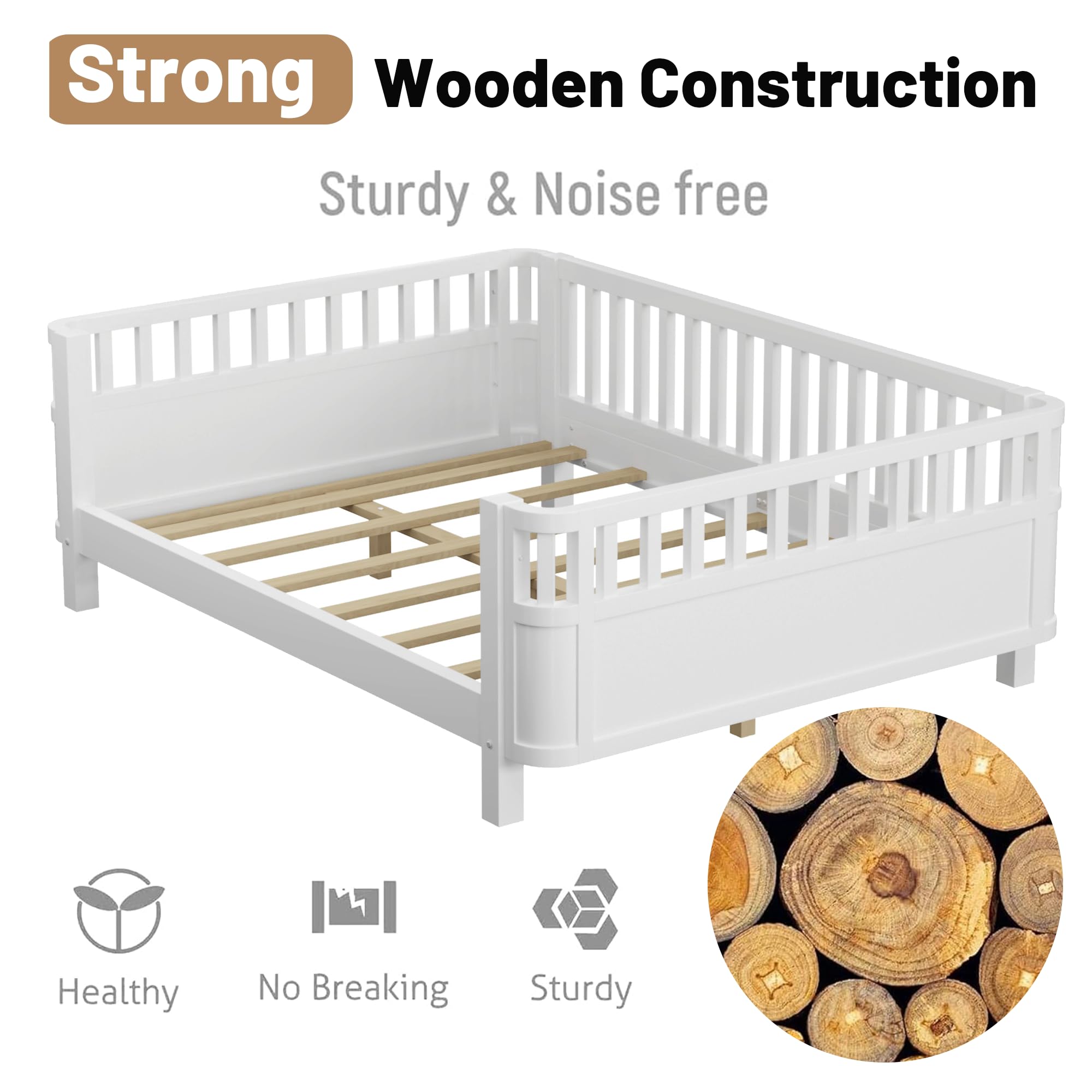 Montessori Full Size Bed with Guardrails - Solid Wood Kids Bed Frame with Slats Support - Low Profile Modern Toddler Bed with Removable Side Rails for Boys & Girls - Perfect for Bedroom, Nursery or Playroom - White