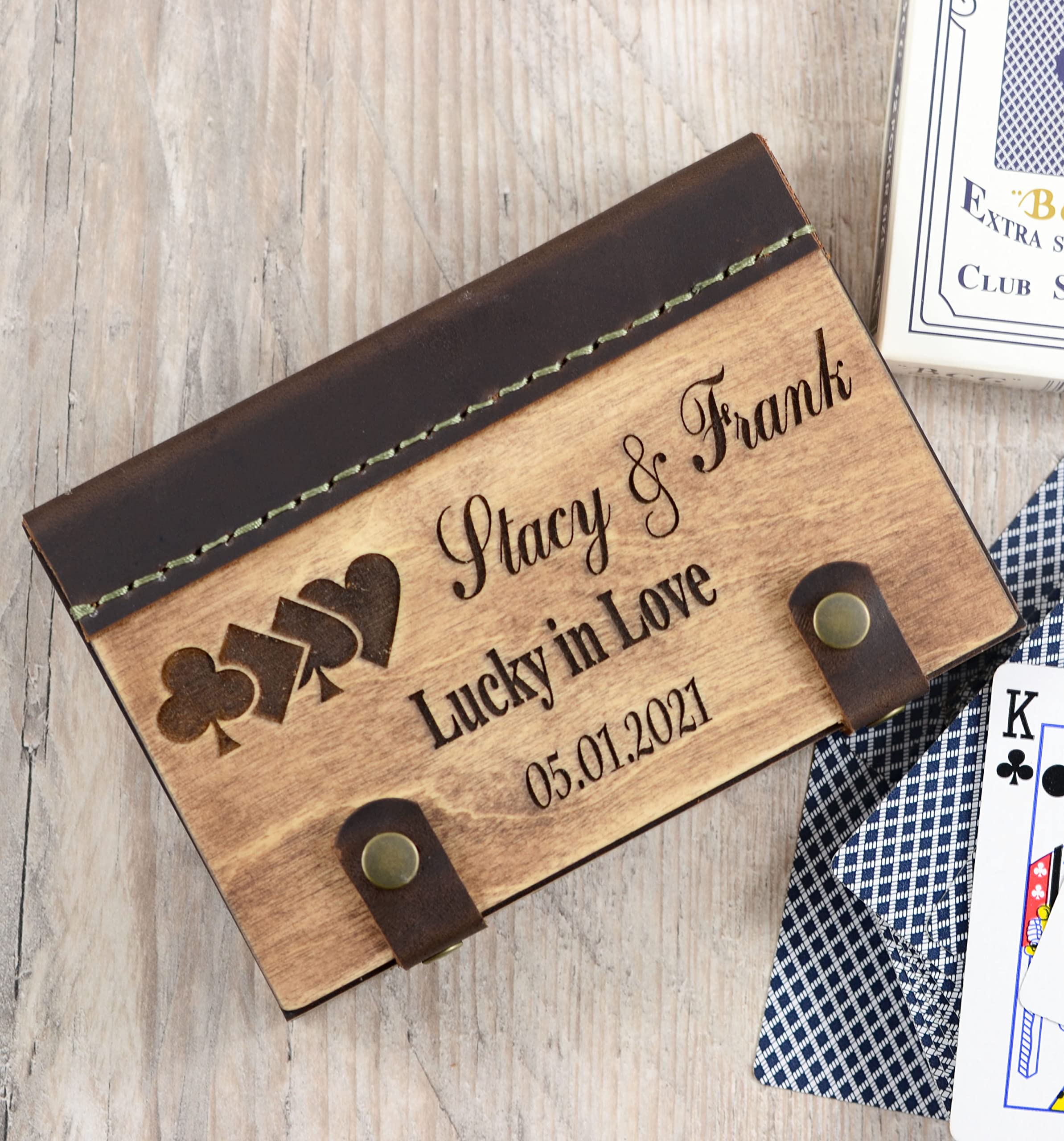 Personalized Wooden Playing Card Storage Box - Handmade 2 Deck Holder for Bridge & Poker Players - Unique Anniversary Gift for Couples - Perfect for Game Nights, Travel & Collectible Card Storage