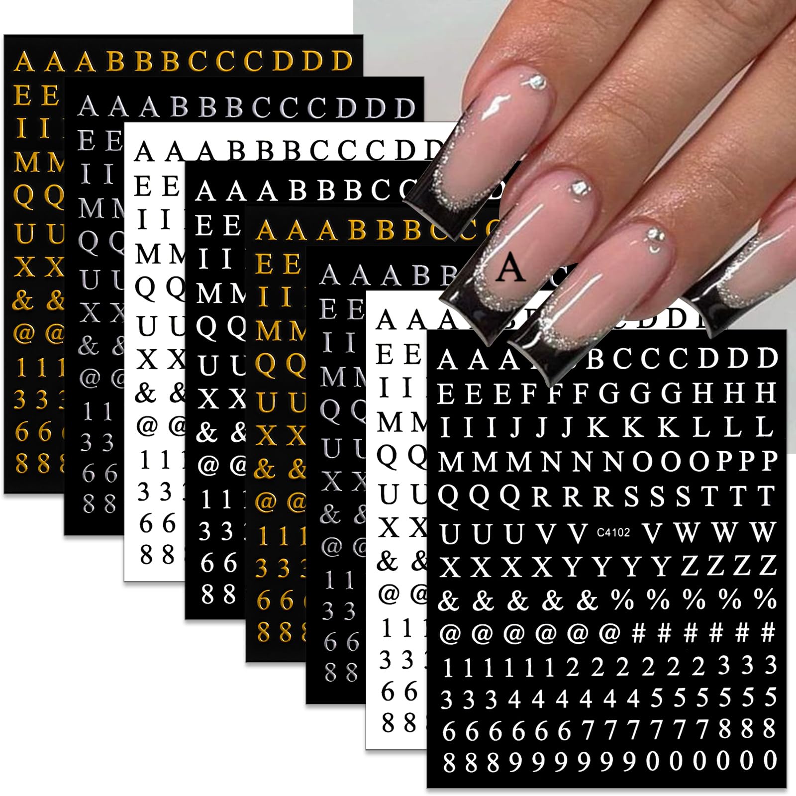 3D Self-Adhesive Luxury Gold & Silver Alphabet & Number Nail Art Stickers - English Letters & Digits Nail Decals for Women & Girls - DIY Manicure Supplies (8 Sheets) - Perfect for Parties, Weddings & Nail Salon Designs