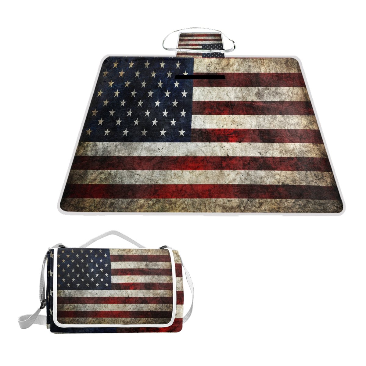 Vintage American Flag Stars Picnic Blanket - Waterproof Outdoor Blanket for July 4th, Camping, Beach & Hiking - Portable Tote with Water-Resistant Backing | Perfect for BBQs, Parks, Concerts & Tailgating
