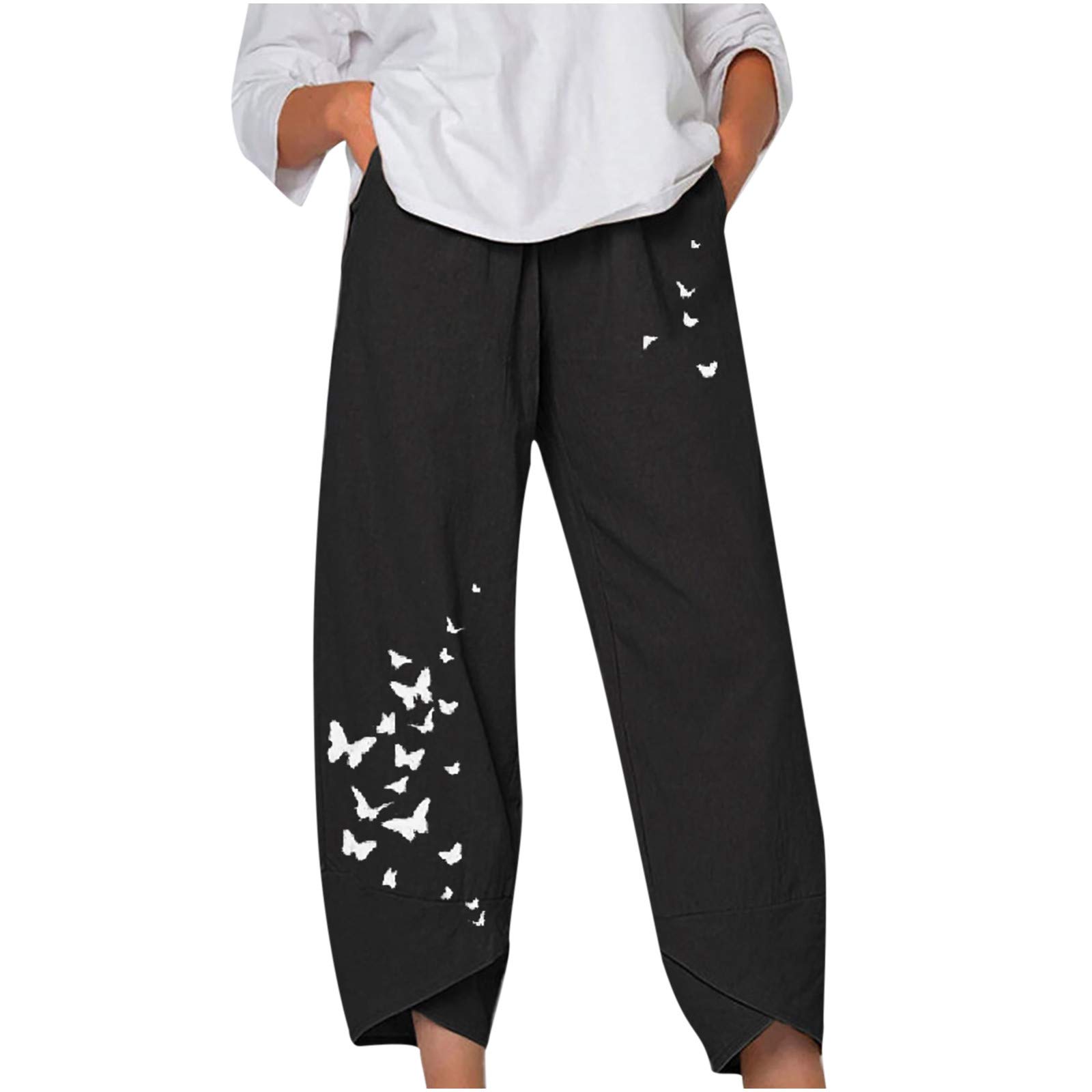 Posijego Women's Linen Cotton Casual Pants for Summer & Fall - Comfortable Elastic Waist Loose Fit Trousers for Work, Travel and Daily Wear
