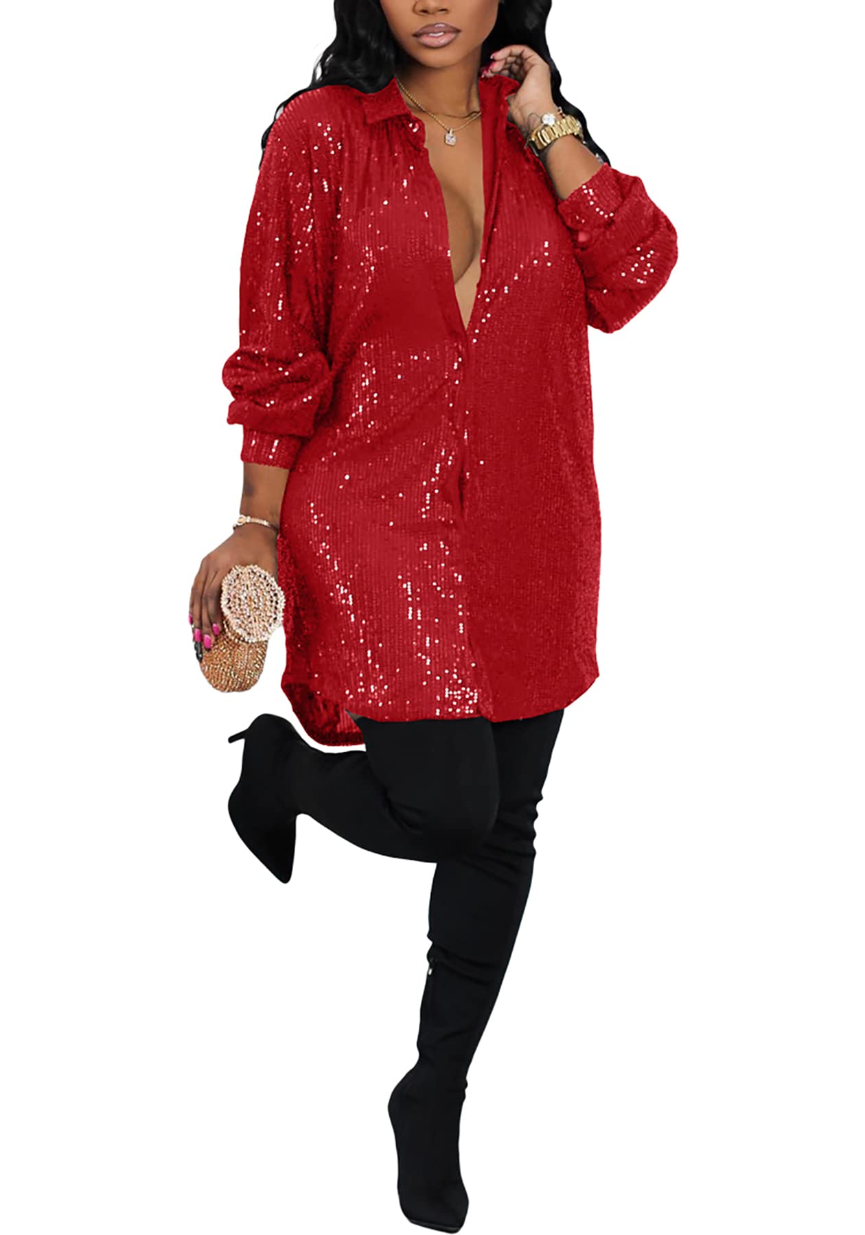 Sparkly Sequin Midi Dress for Women - Long Sleeve Button Down Shirt Dress for Party, Club, Night Out & Special Occasions | Elegant Formal & Cocktail Attire