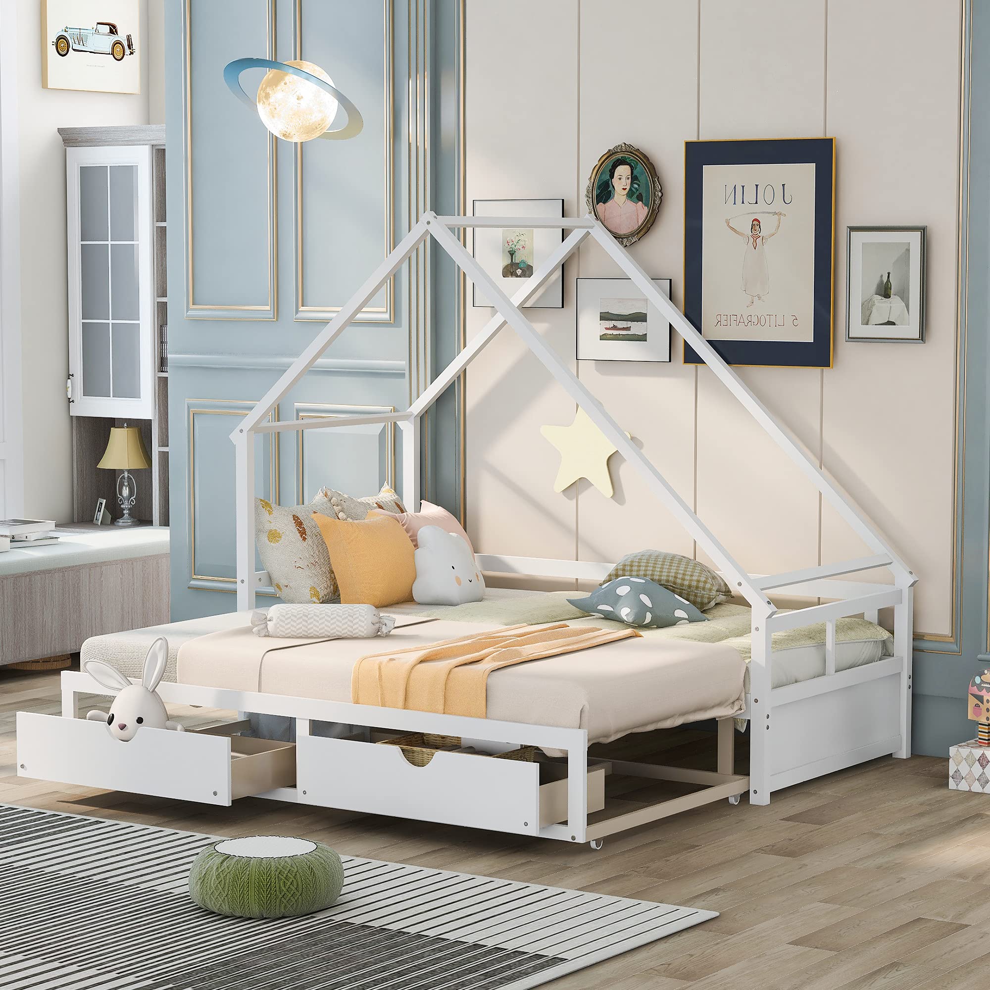 Twin to King Daybed Frame with Trundle - Convertible House Bed & Sofa Bed for Bedroom & Living Room - White - Perfect for Guest Rooms, Small Spaces & Multi-Functional Furniture Needs