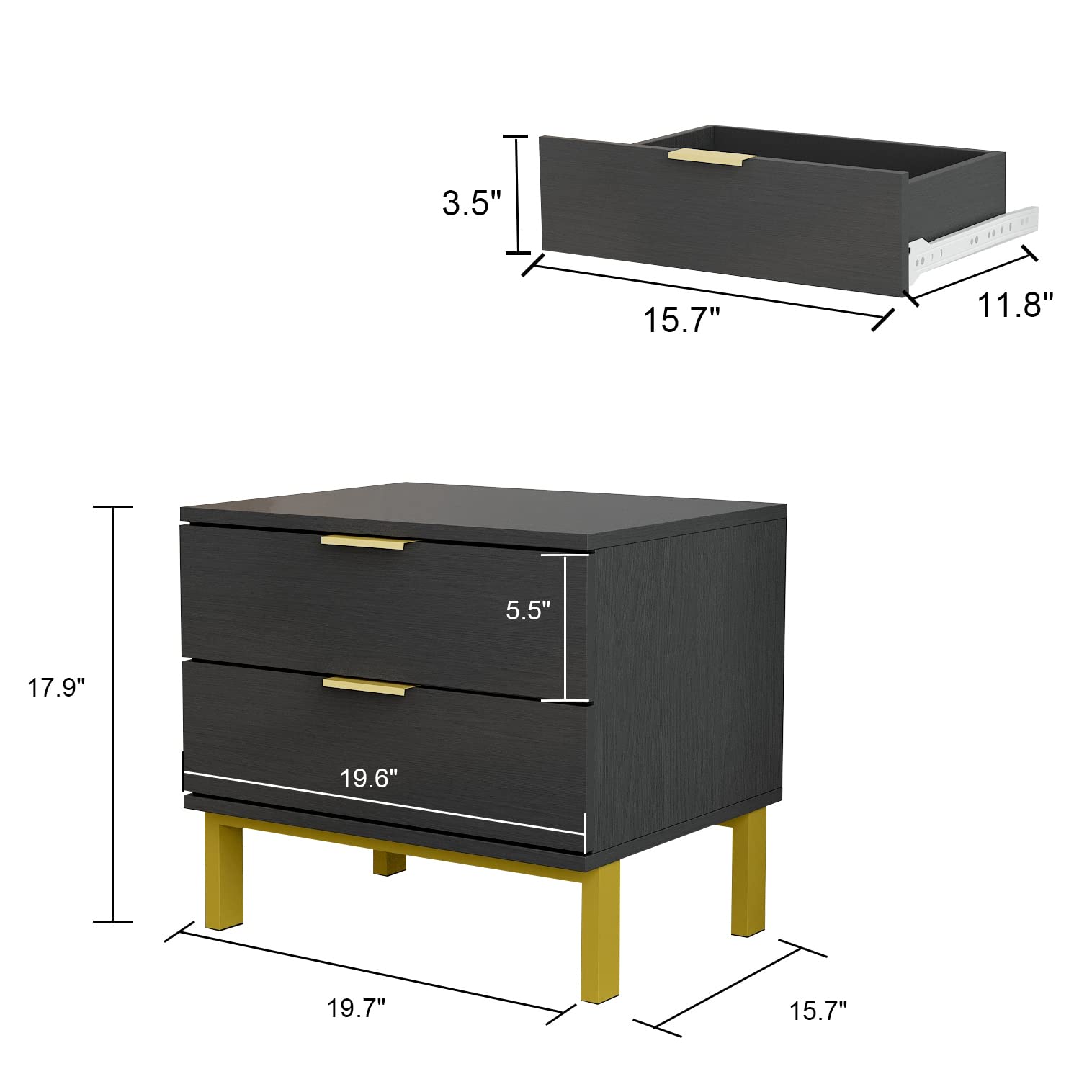 Hitow 2-Drawer Black Nightstand with Golden Metal Legs - Modern Bedside Table & End Table for Bedroom, Living Room - Compact Storage Solution (Set of 2, 19.7