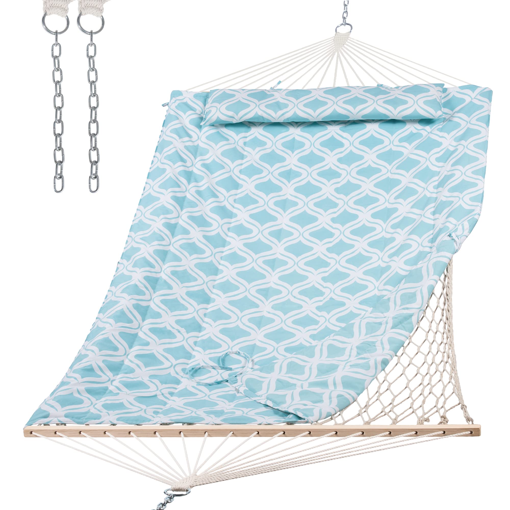 Premium Outdoor Heavy Duty Hammock with Hardwood Spreader Bar - Portable Patio Hammock with Durable Polyester Pad (Green Pattern) - Perfect for Backyard Relaxation, Camping & Beach Lounging