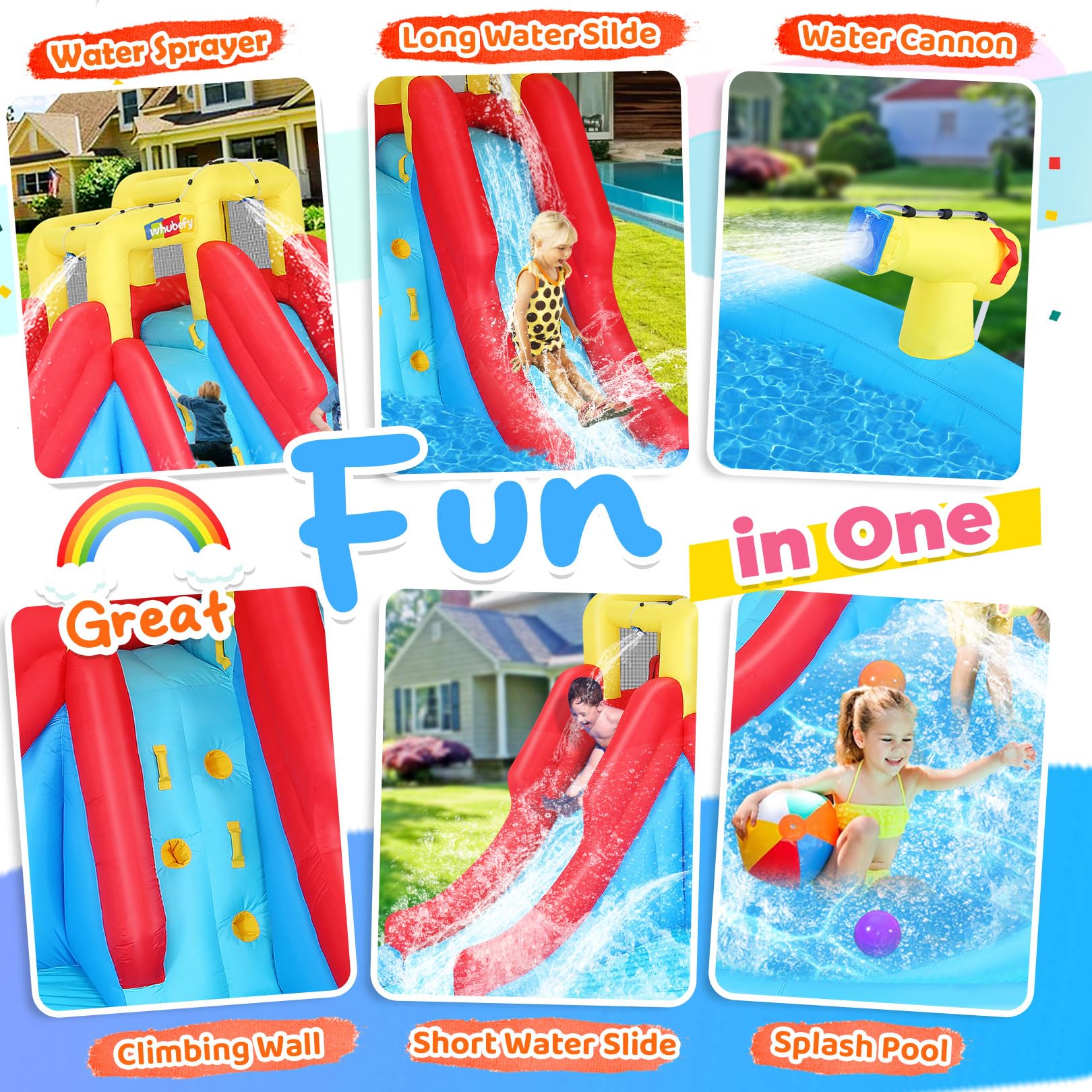 Whubefy Double Drench Inflatable Water Slide 14.5 x 12.7 x 7.5 FT - Heavy-Duty Backyard Water Park with Blower, 2 Slides, Climbing Wall, Giant Splash Pool & 2 Water Cannons for Kids & Adults - Perfect for Summer Parties, Family Fun & Outdoor Water Activities
