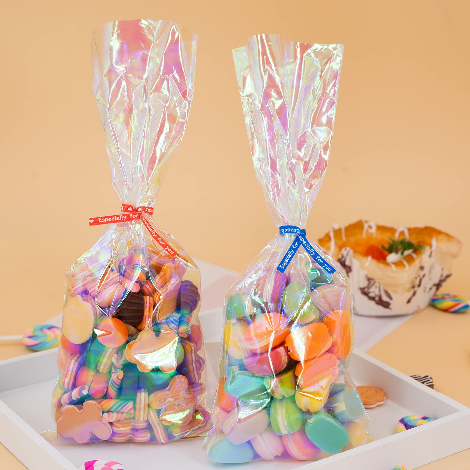 Easter Cellophane Treat Bags - Iridescent Holographic Candy Goodie Bags with 5 Colors Twist Ties for Party Favors, Easter, Weddings, Christmas, Valentine's Day | Perfect for Birthday Parties, Holiday Gifts & Candy Packaging