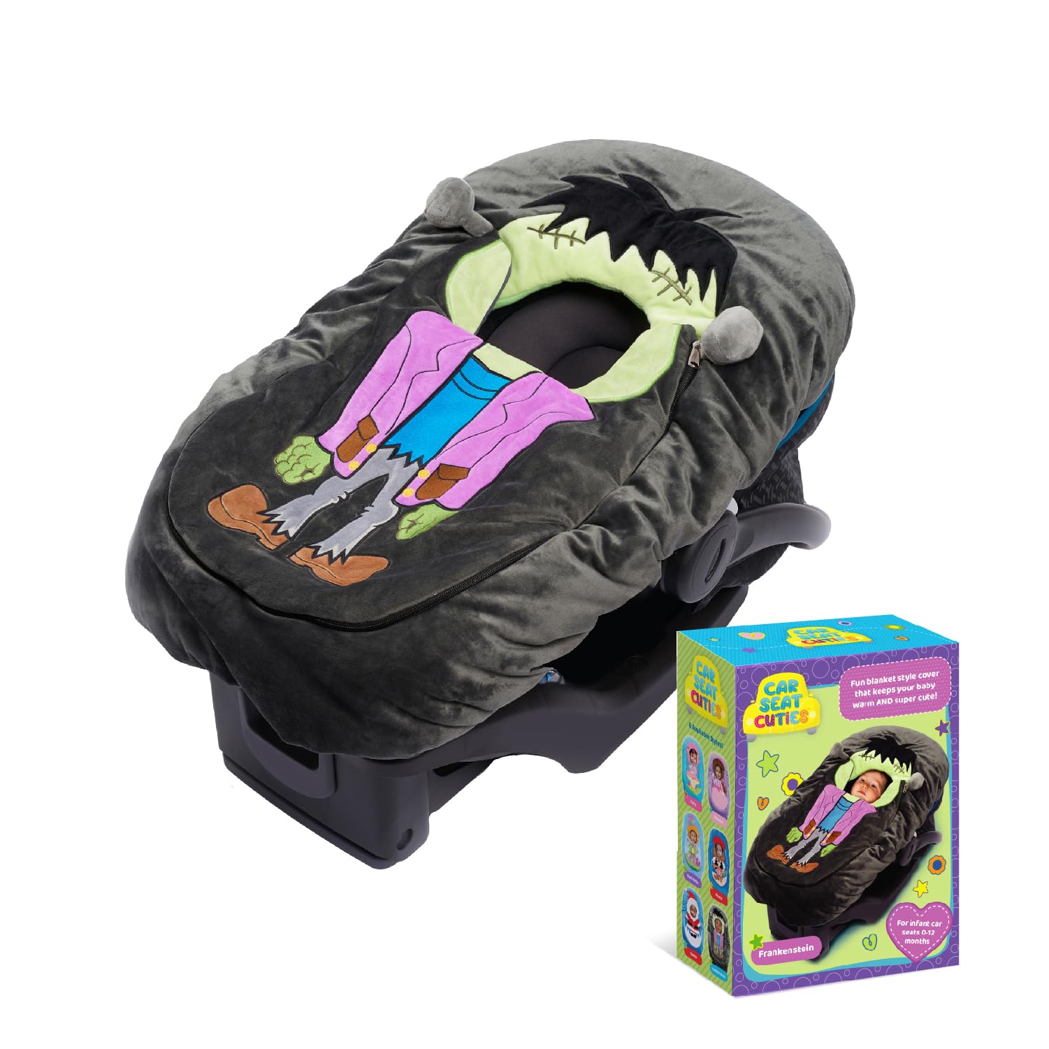 Soft Plush Baby Car Seat Cover for Infant Seat & Stroller - Cozy Blanket & Halloween Costume (Frankenstein) - Perfect Newborn Gift for Travel, Shopping & Photo Shoots