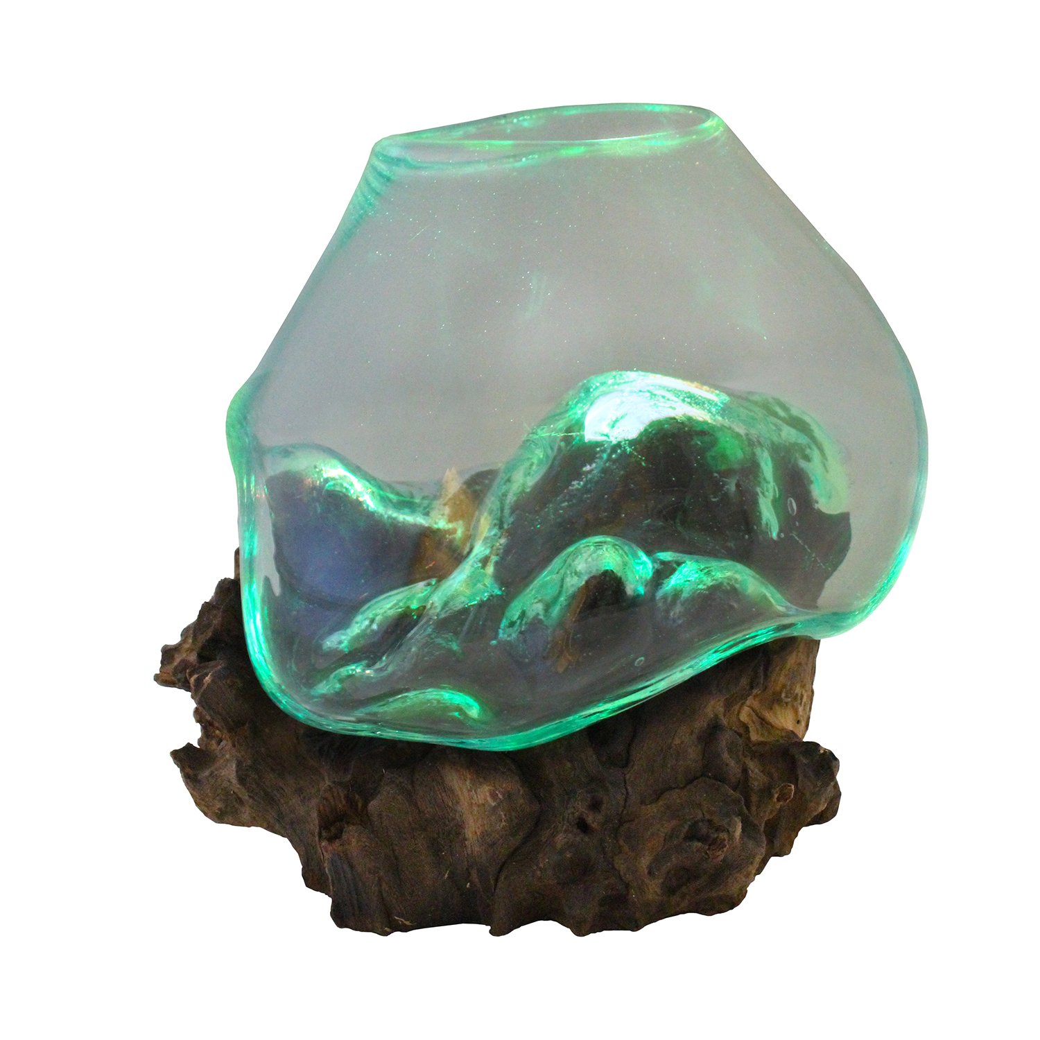 Cohasset Gifts Molten Glass Sculpture - 8 Inch Wide Handmade Home Decor, Natural Wood Base with Recycled Glass Art - Perfect for Living Room, Office & Gift Giving