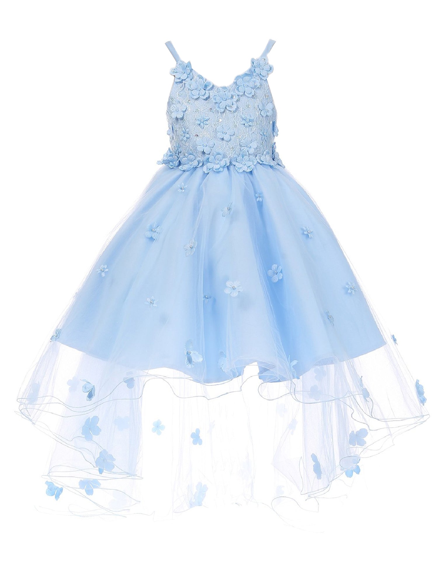 3D Flower Embroidered High-Low Tulle Junior Bridesmaid Dress for Big Girls - Blue, Sizes 8-12 | Perfect for Flower Girls, Pageants, and Special Occasions