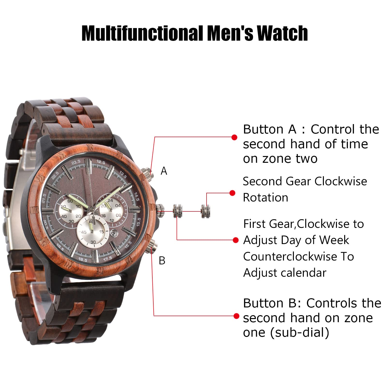 RORIOS Men's Wooden Watch - Waterproof Analog Quartz Wristwatch, Natural Handmade Wooden Chronograph Watch for Men | Perfect for Outdoor Activities, Casual Wear & Unique Gifts
