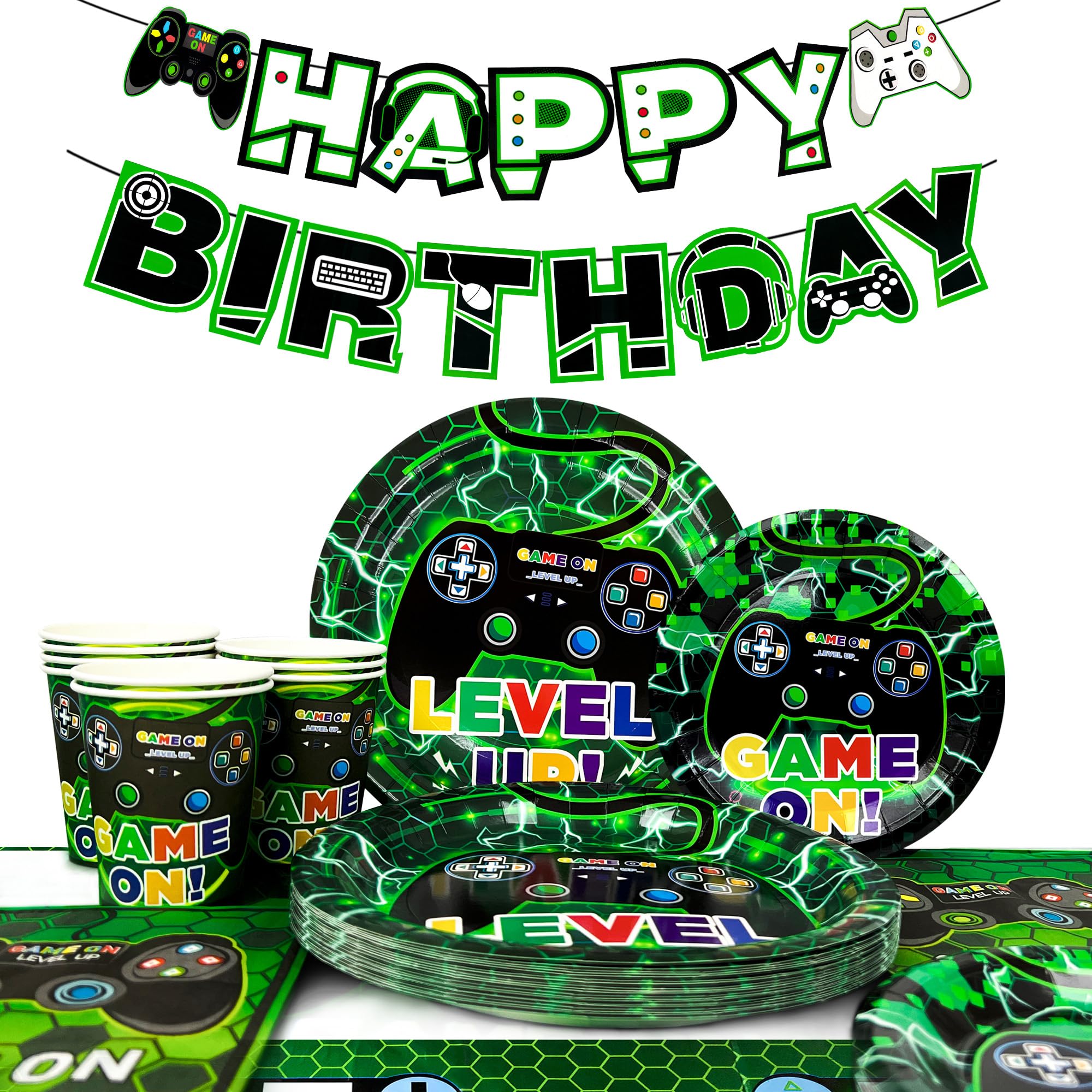 Video Game Party Supplies Set - 16pc Gamer Birthday Decorations Kit with Plates, Cups, Napkins, Tablecloth & Banner for Gaming Themed Parties - Perfect for Kids & Adults Birthday Celebrations, Game Nights & Esports Events