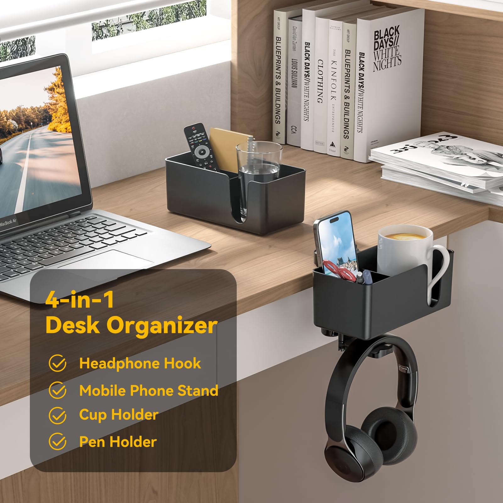 KDD 4-in-1 Under Desk Organizer - Rotating Headphone Holder with Detachable Cup & Pen Storage - Space Saving Desk Accessory for Office, Gaming & Home Use (Black)