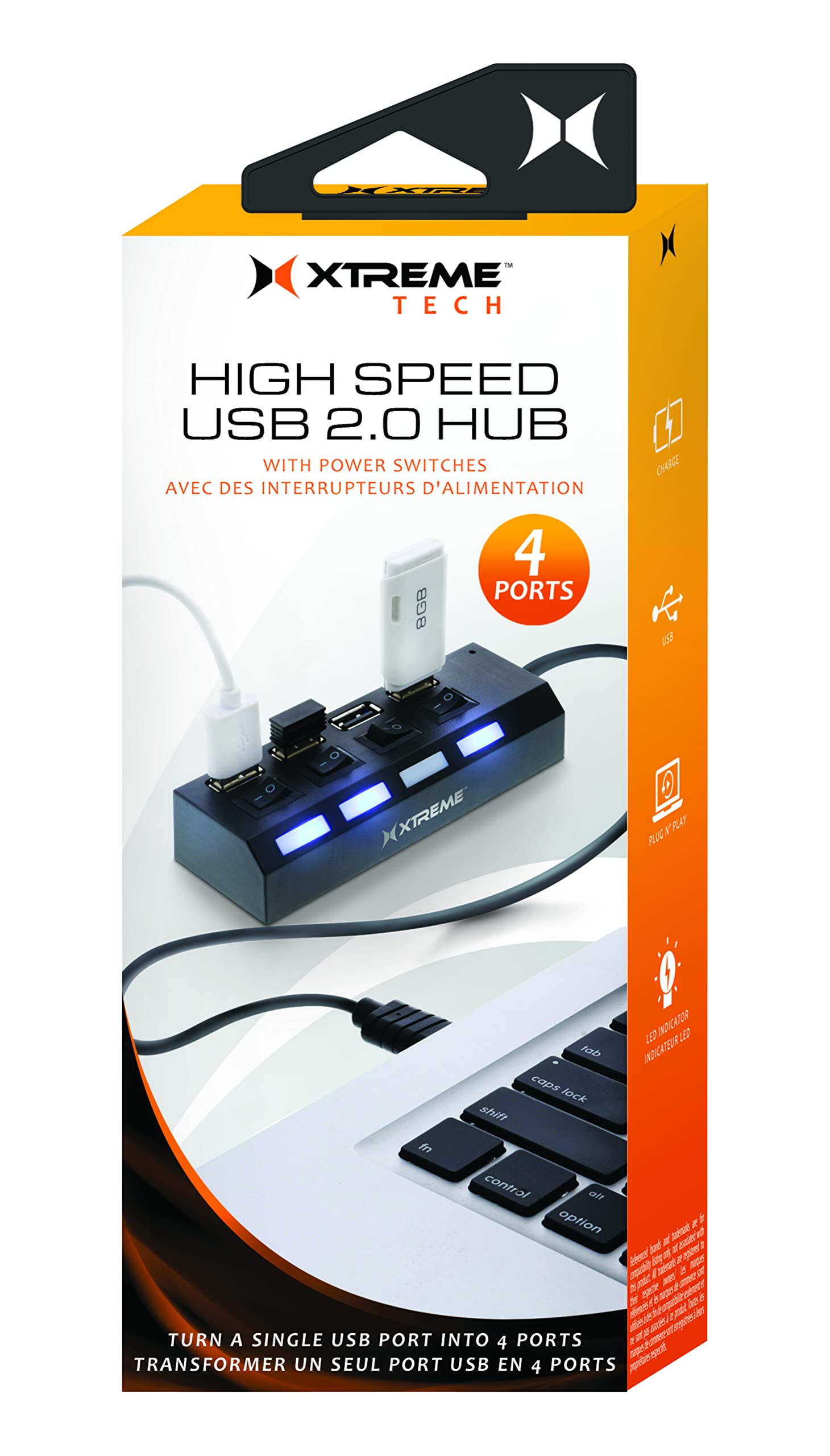 Xtreme 4-Port USB Hub with Individual LED Power Switches - High-Speed USB Splitter for Laptop & Desktop - Compatible with Wireless Mouse, Smartphone, Tablet (Plug & Play) - Perfect for Home Office, Gaming & Multi-Device Charging