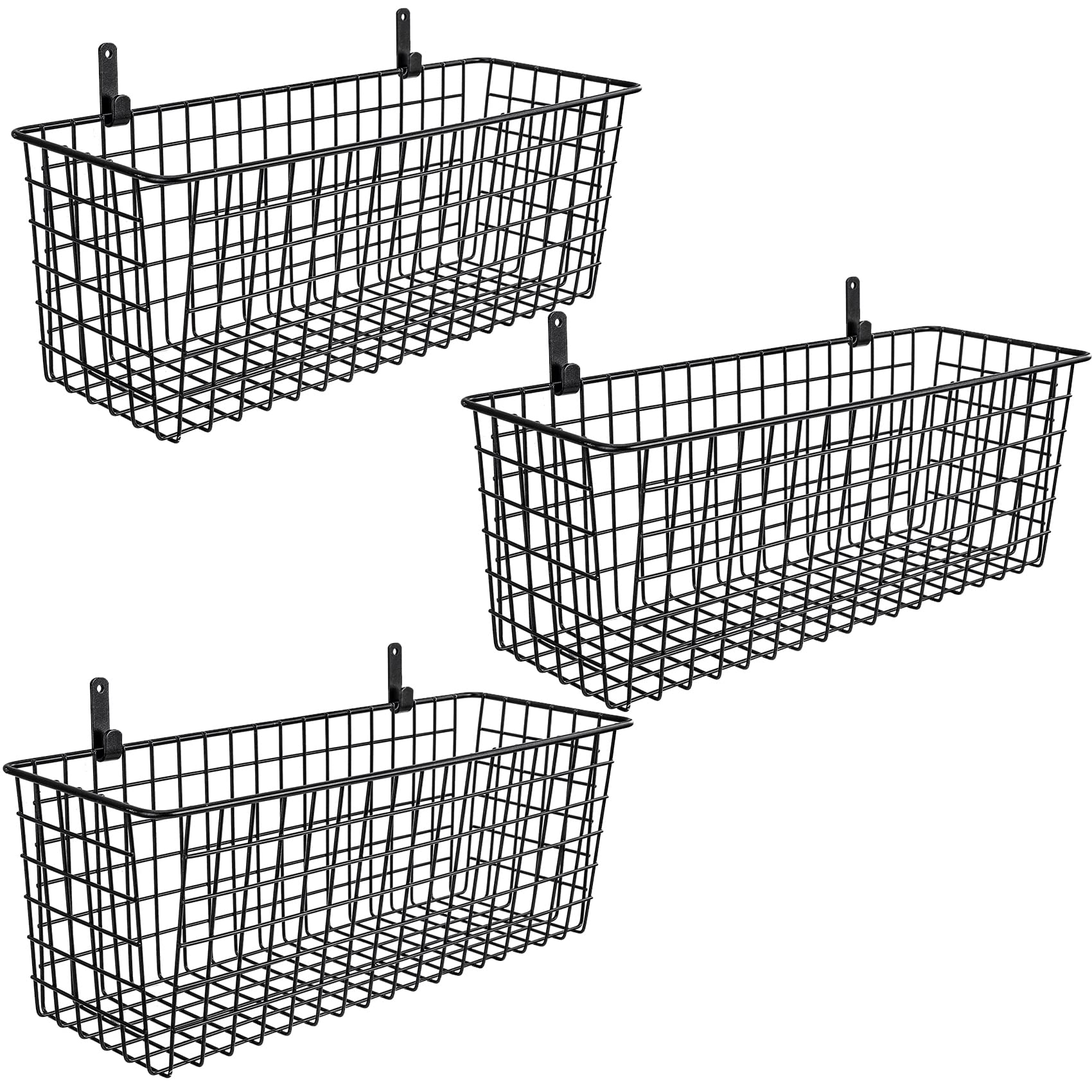 3-Pack Extra Large Hanging Wall Baskets for Storage – Heavy Duty Steel Wire Wall Mount Organizer, Rustic Farmhouse Metal Shelves for Kitchen, Bathroom & Home Decor – Perfect for Spice Storage, Towel Organization & Farmhouse Style Decorating (Black)