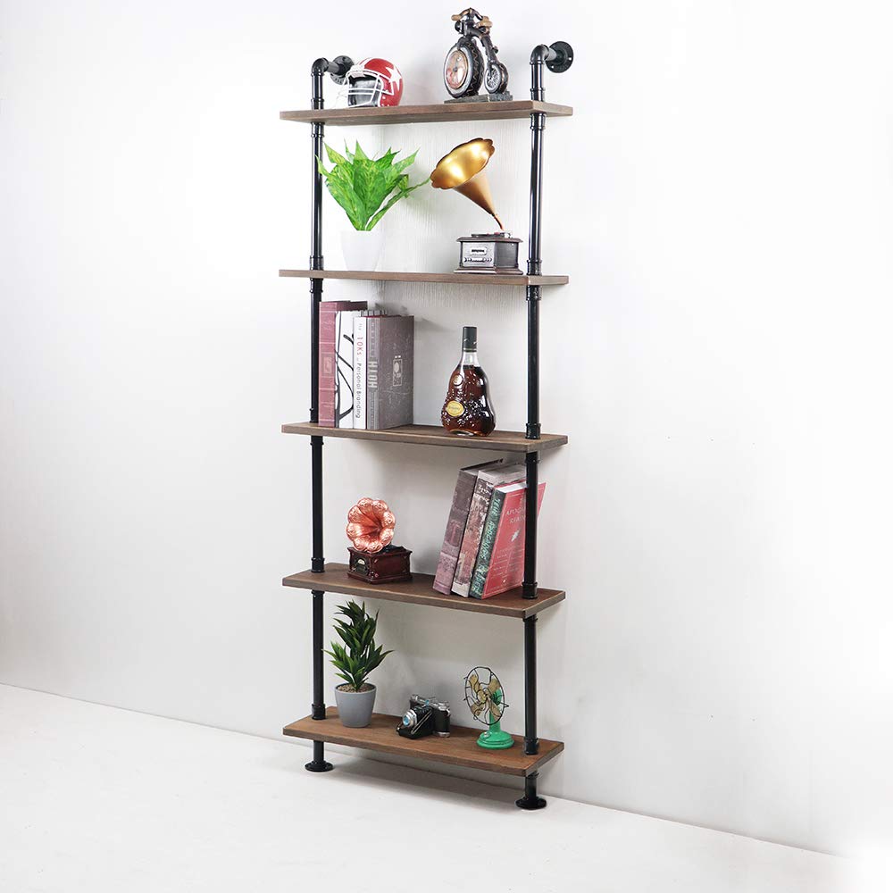 Industrial Pipe Shelf - 5 Tier Floating Wall Shelf with Rustic Wood & Black Iron Pipe - Perfect for Home, Office, and Retail Display Storage
