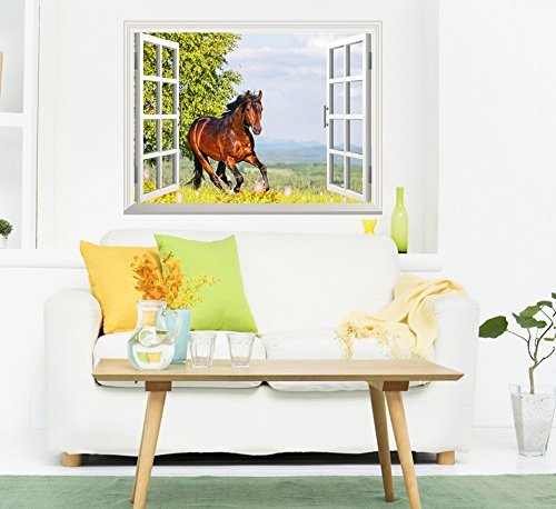 Wall26 Removable Wall Sticker - Brown Horse Running on Meadow Mural, Window View Wall Art Decor 24x32 Inches - Perfect for Living Room, Bedroom & Nursery Decor
