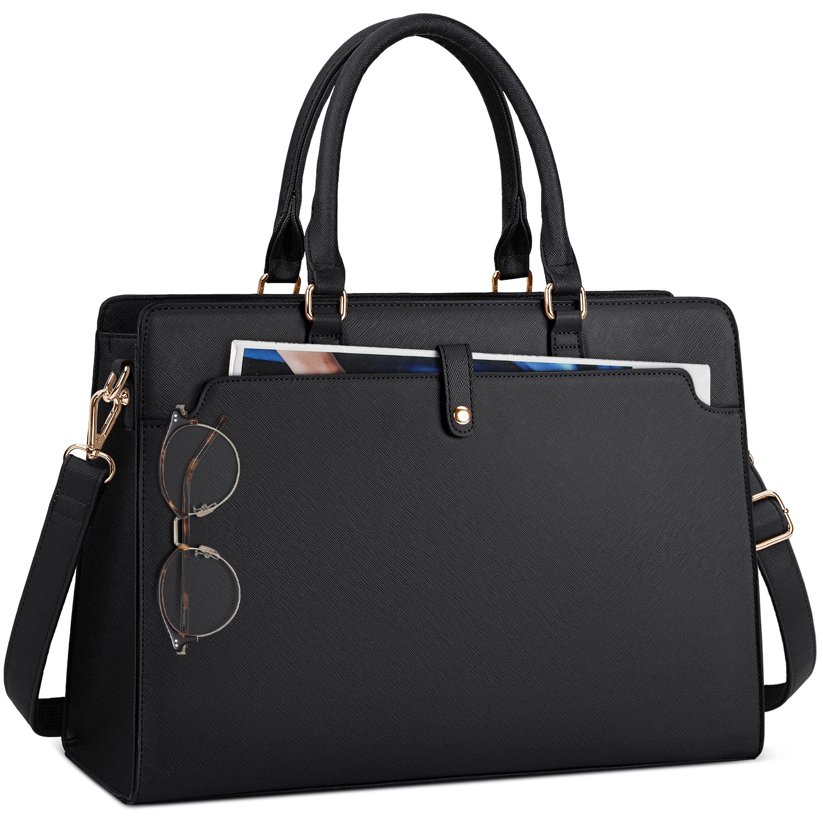 RAINSMORE 15.6 Inch Leather Laptop Tote Bag for Women - Waterproof Business Office Briefcase, Large Capacity Work Bag, Shoulder Handbag, Black - Perfect for Commuting, Travel, and Professional Meetings