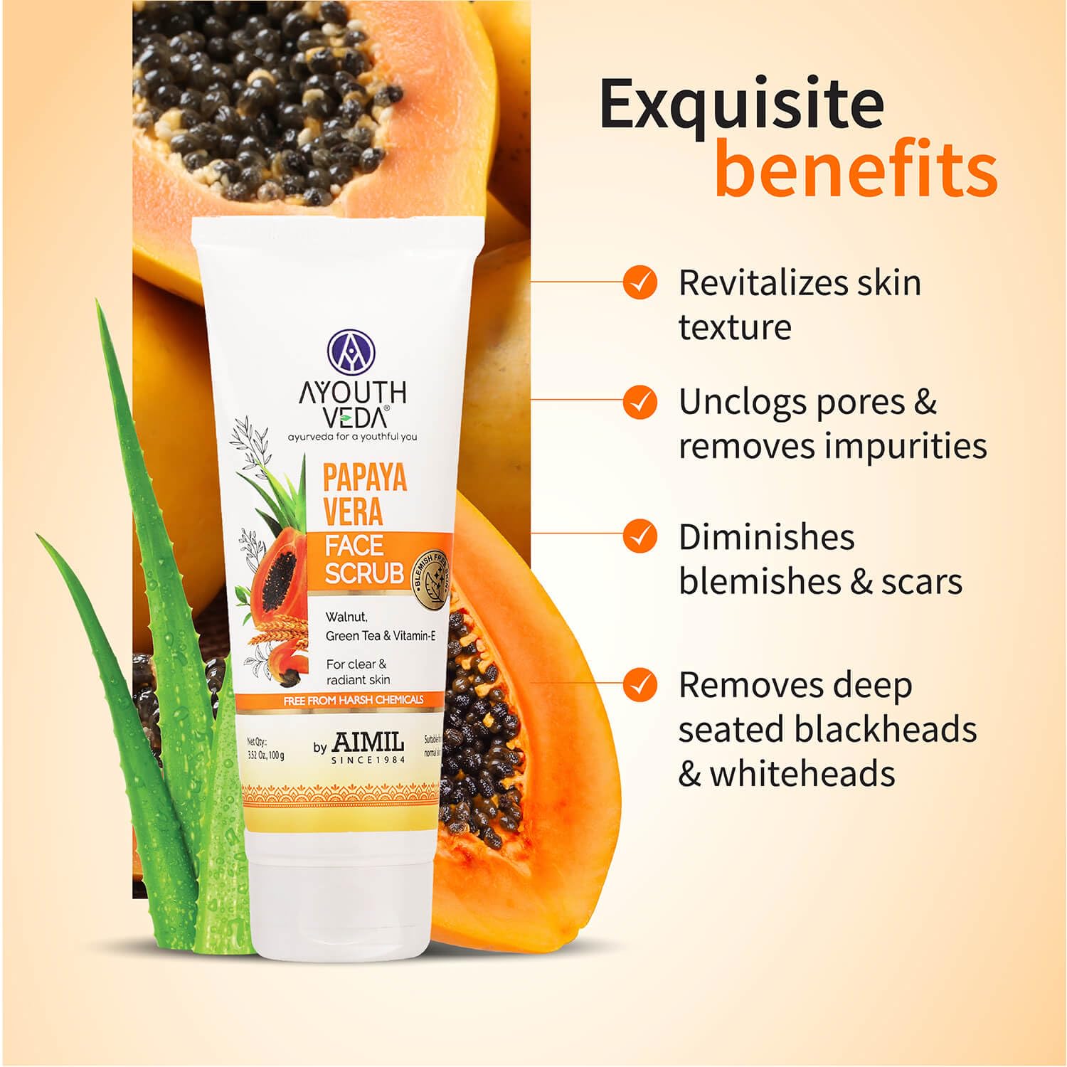 Ayouthveda Papaya Vera Face Scrub with Walnuts, Green Tea & Vitamin E - 100gm Exfoliating Cleanser for Radiant, Glowing Skin - Perfect for Daily Skincare Routine & Acne-Prone Skin