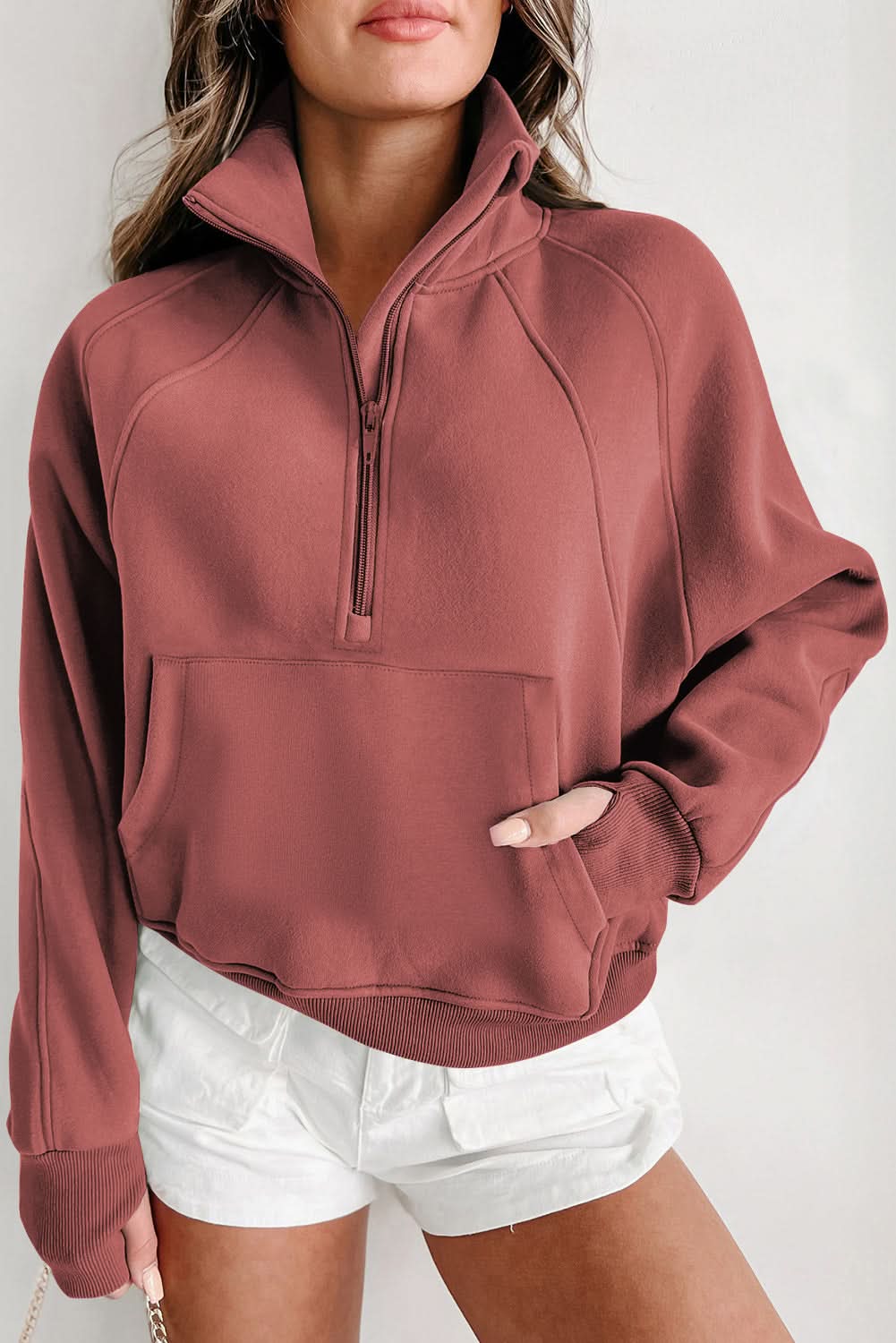 Brown Fleece Lined Zip Up Stand Collar Thumbhole Sleeve Sweatshirt for Men - Warm Winter Pullover with Thumb Holes for Outdoor Activities & Casual Wear