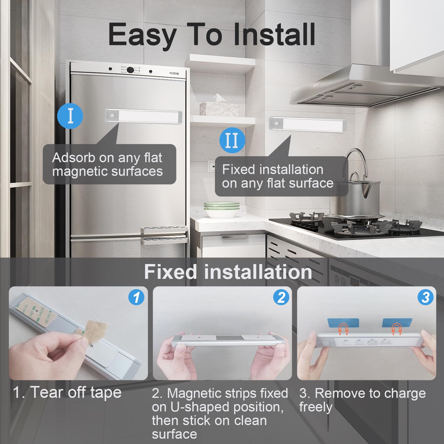 Under Cabinet Lights 30-LED Rechargeable Motion Sensor Lighting - 1000mAh Battery, 3 Pack (7.87 Inch) for Kitchen, Wardrobe, Closet & Laundry - Perfect for Nighttime Safety and Task Illumination