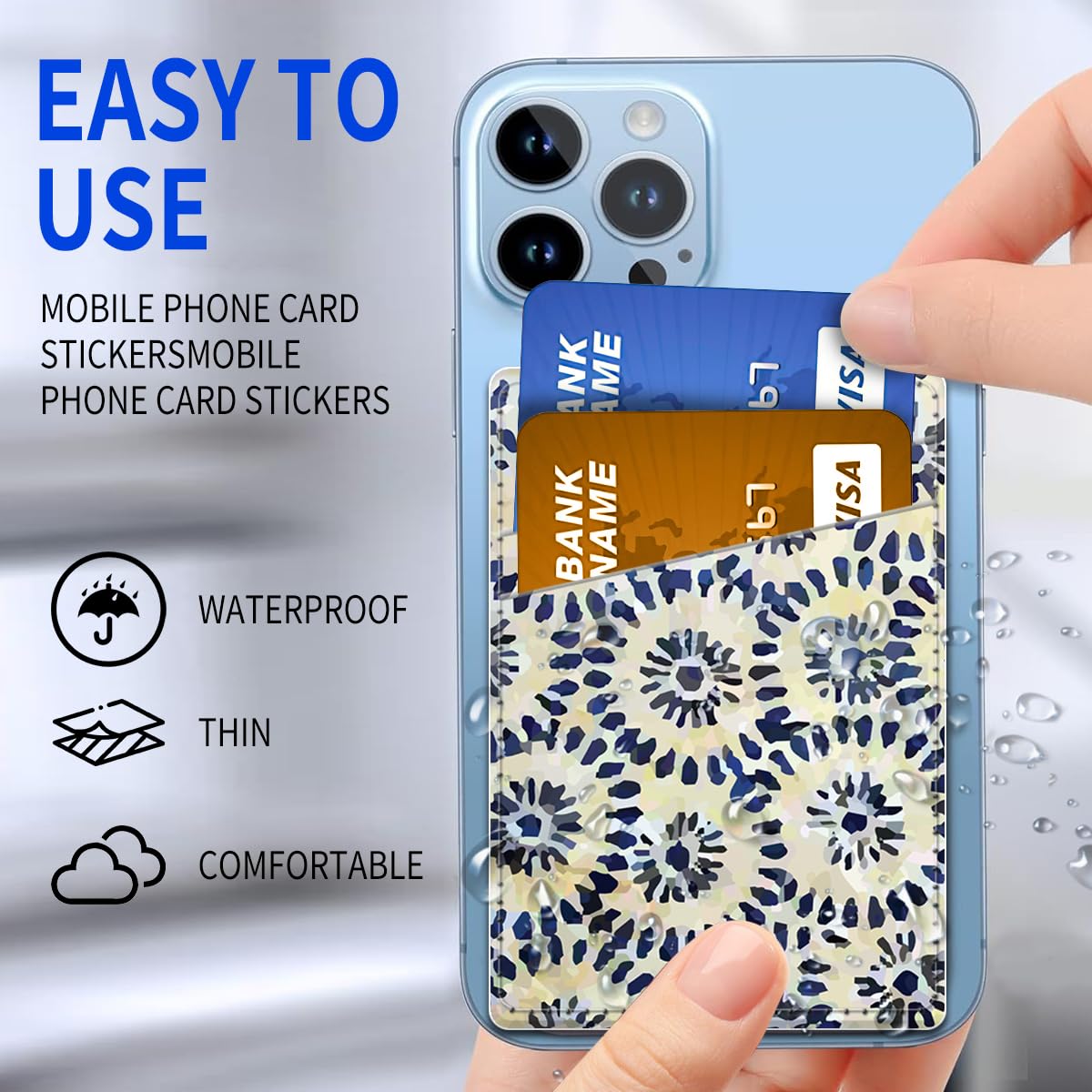 Stick-On Leather Phone Card Holder with Dual Pockets - Slim Wallet Sleeve for Most Smartphones (Blue Circle) - Perfect for Hands-Free Shopping, Travel & Everyday Use