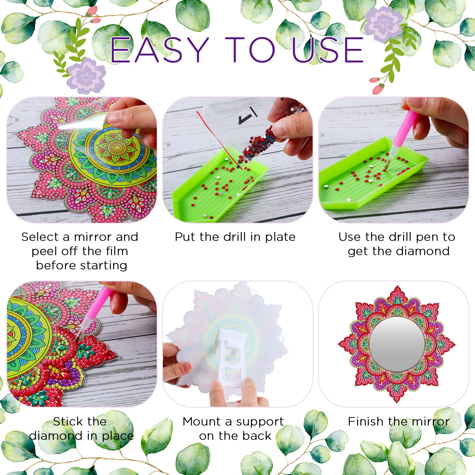 2 Pack DIY 5D Diamond Painting Mirror Kit - Mandala Crystal Rhinestone Makeup Mirror for Adults, Beginners, Home Decor | Perfect for Arts & Crafts, Birthday Gifts, Bathroom Vanity & Bedroom Decor